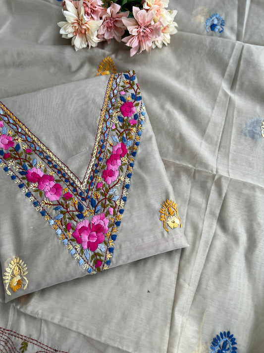Silver Grey Chanderi Silk Floral Embroidery