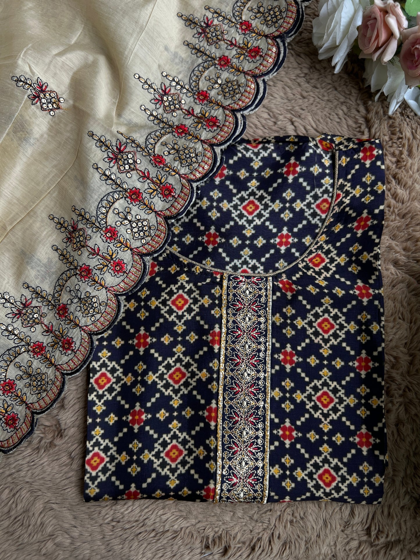 Navy Russian Silk Semi-Stitched Suit with Embroidered Silk Dupatta