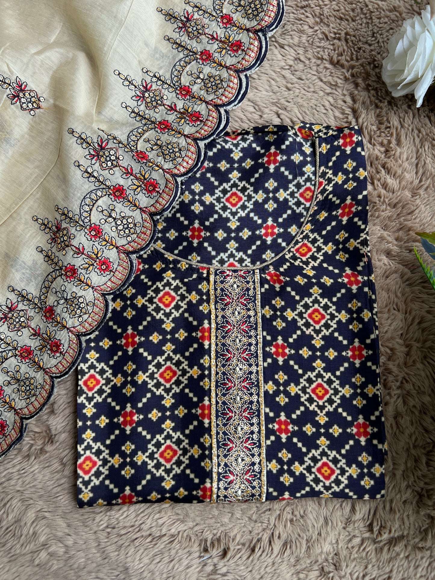 Navy Russian Silk Semi-Stitched Suit with Embroidered Silk Dupatta