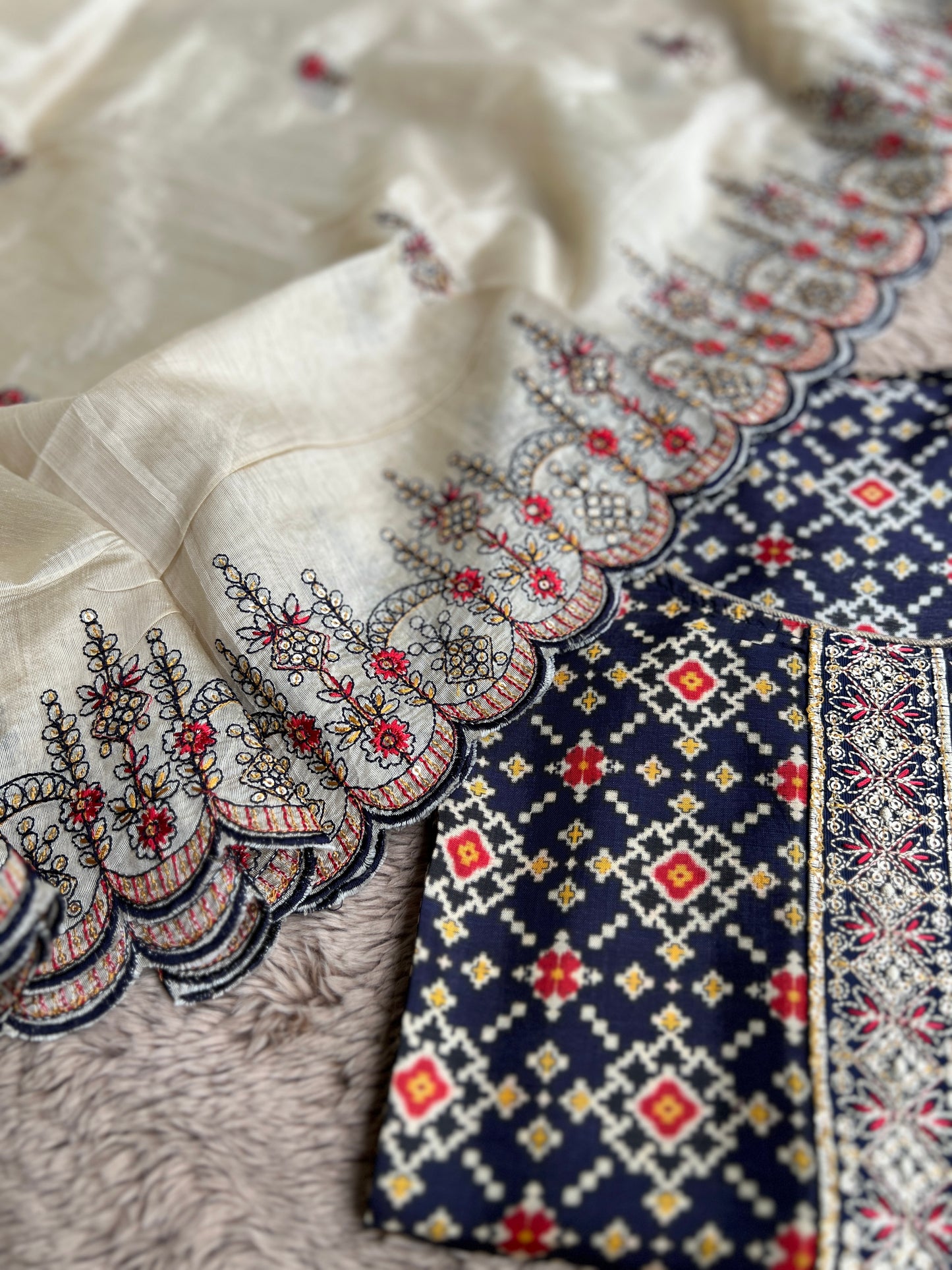Navy Russian Silk Semi-Stitched Suit with Embroidered Silk Dupatta