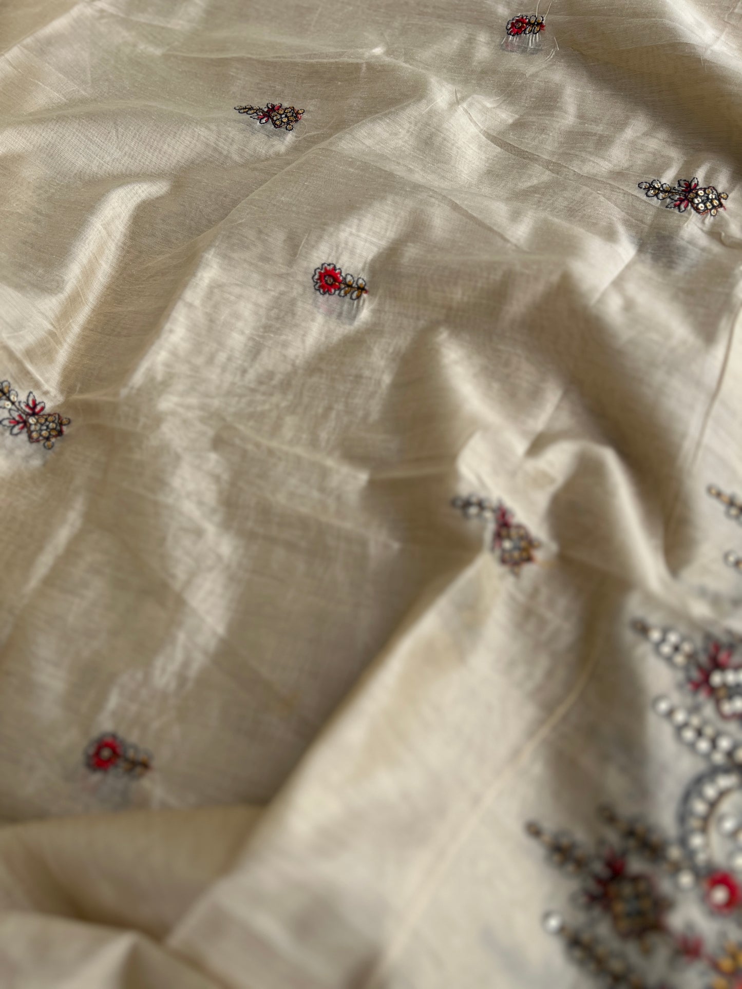 Navy Russian Silk Semi-Stitched Suit with Embroidered Silk Dupatta