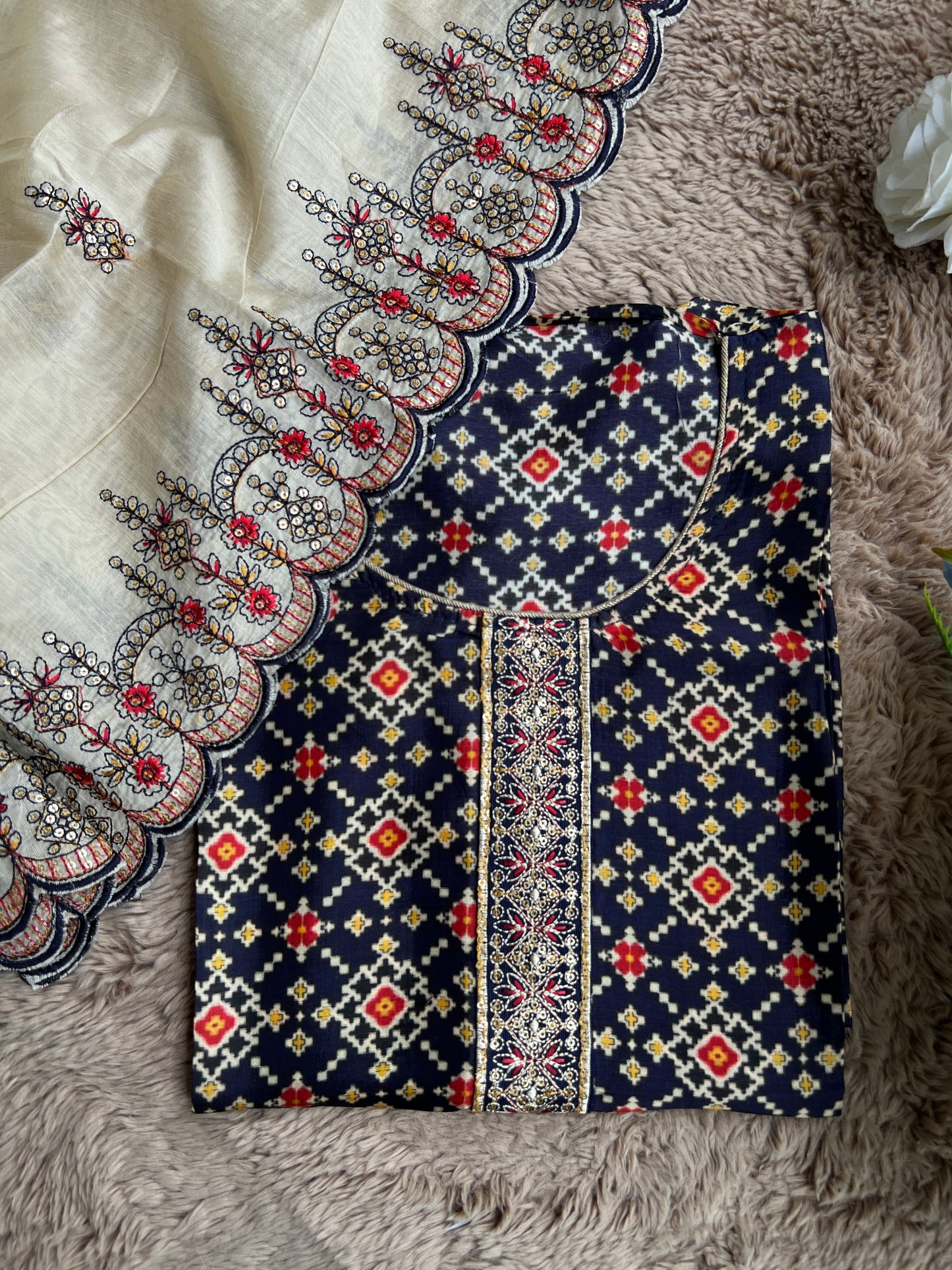 Navy Russian Silk Semi-Stitched Suit with Embroidered Silk Dupatta