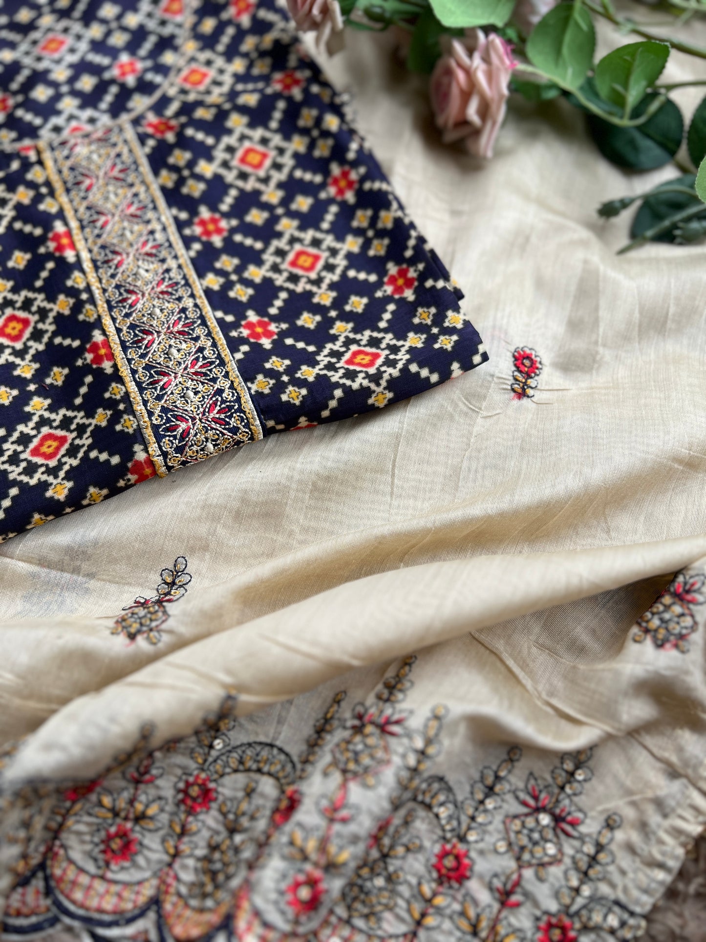 Navy Russian Silk Semi-Stitched Suit with Embroidered Silk Dupatta