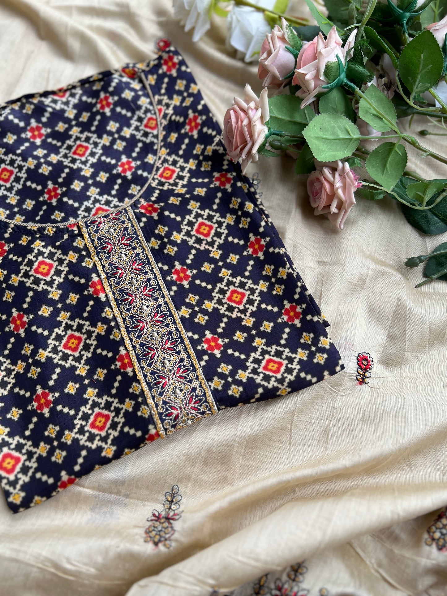 Navy Russian Silk Semi-Stitched Suit with Embroidered Silk Dupatta