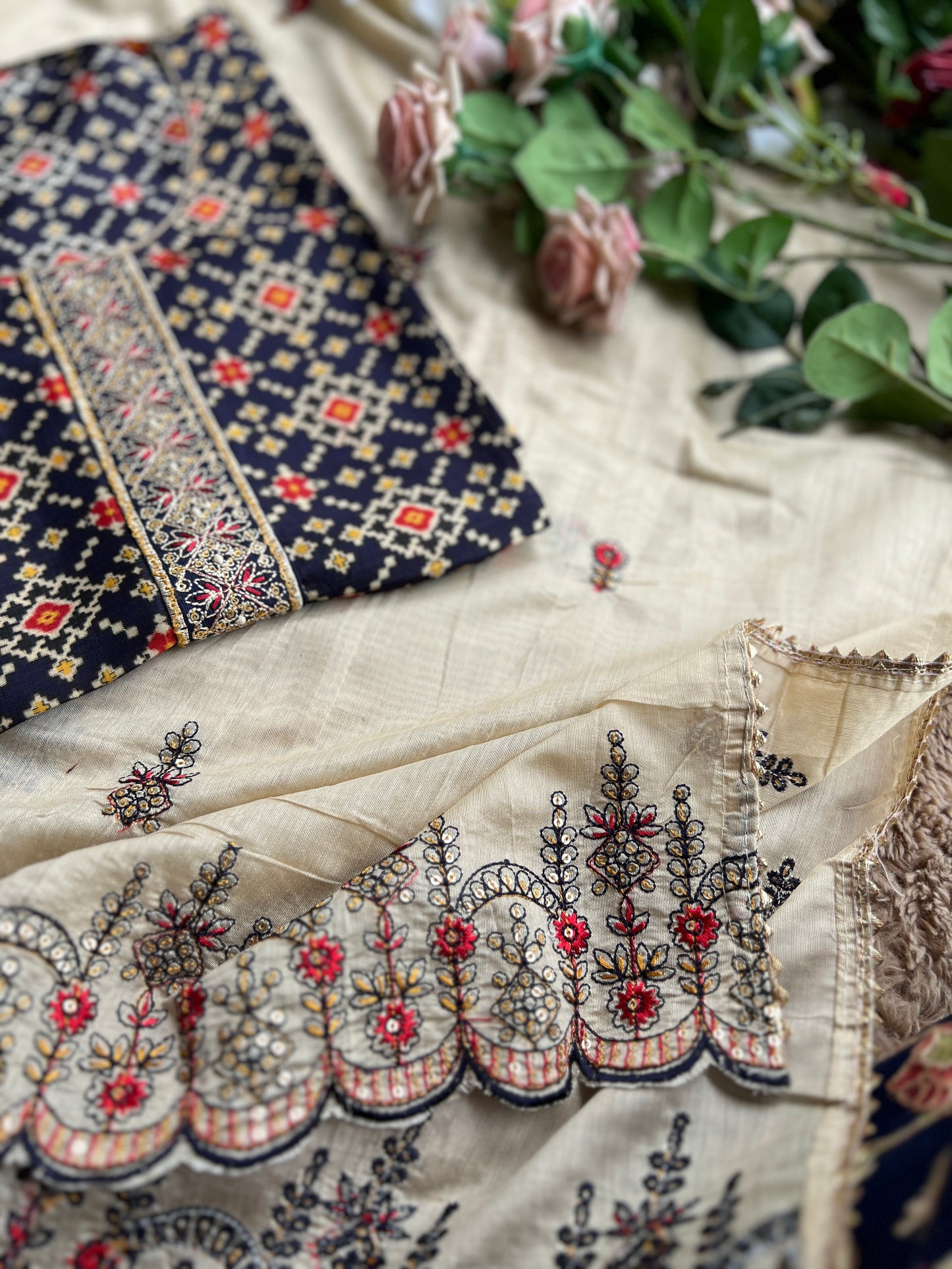 Navy Russian Silk Semi-Stitched Suit with Embroidered Silk Dupatta