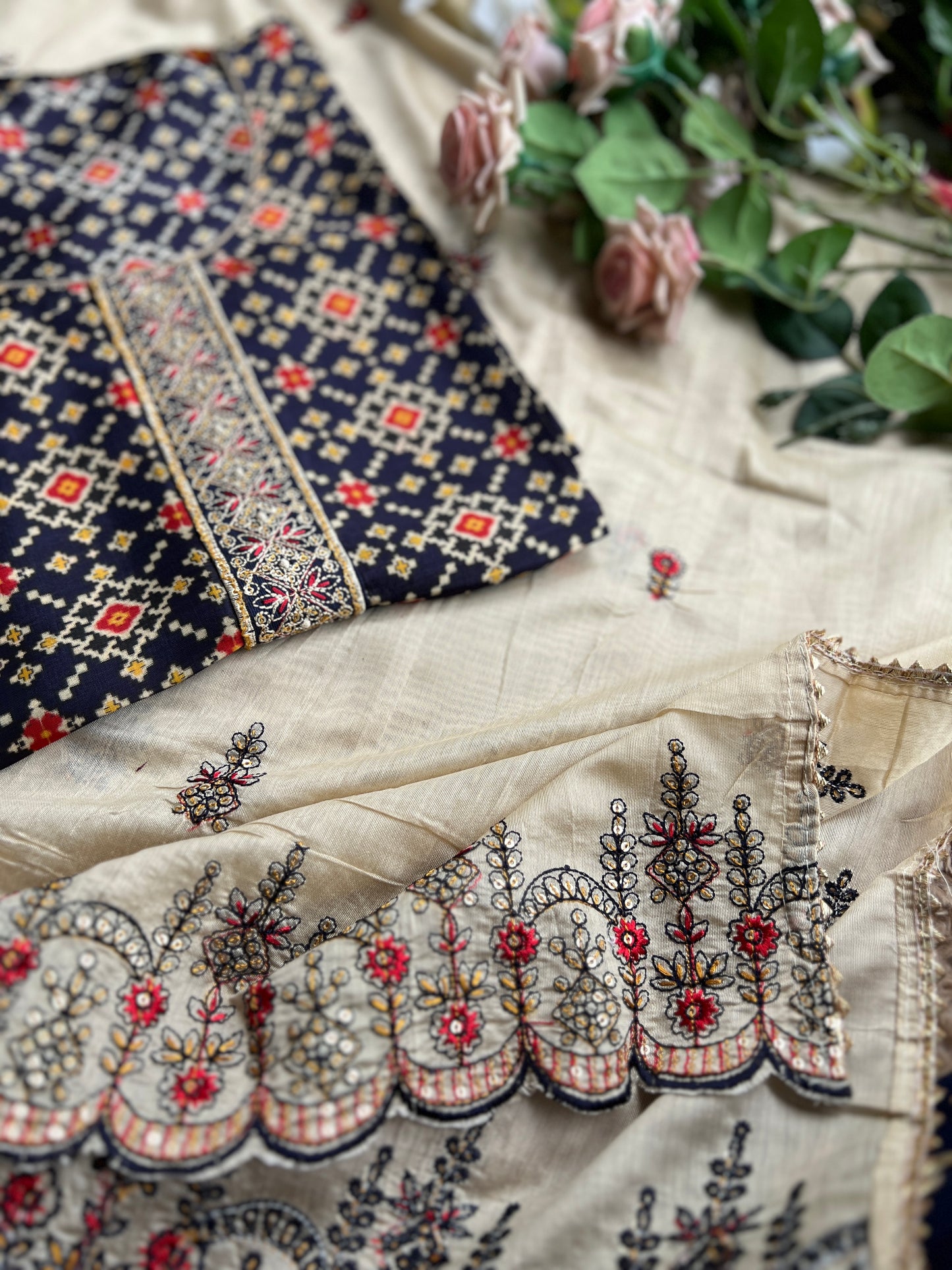 Navy Russian Silk Semi-Stitched Suit with Embroidered Silk Dupatta