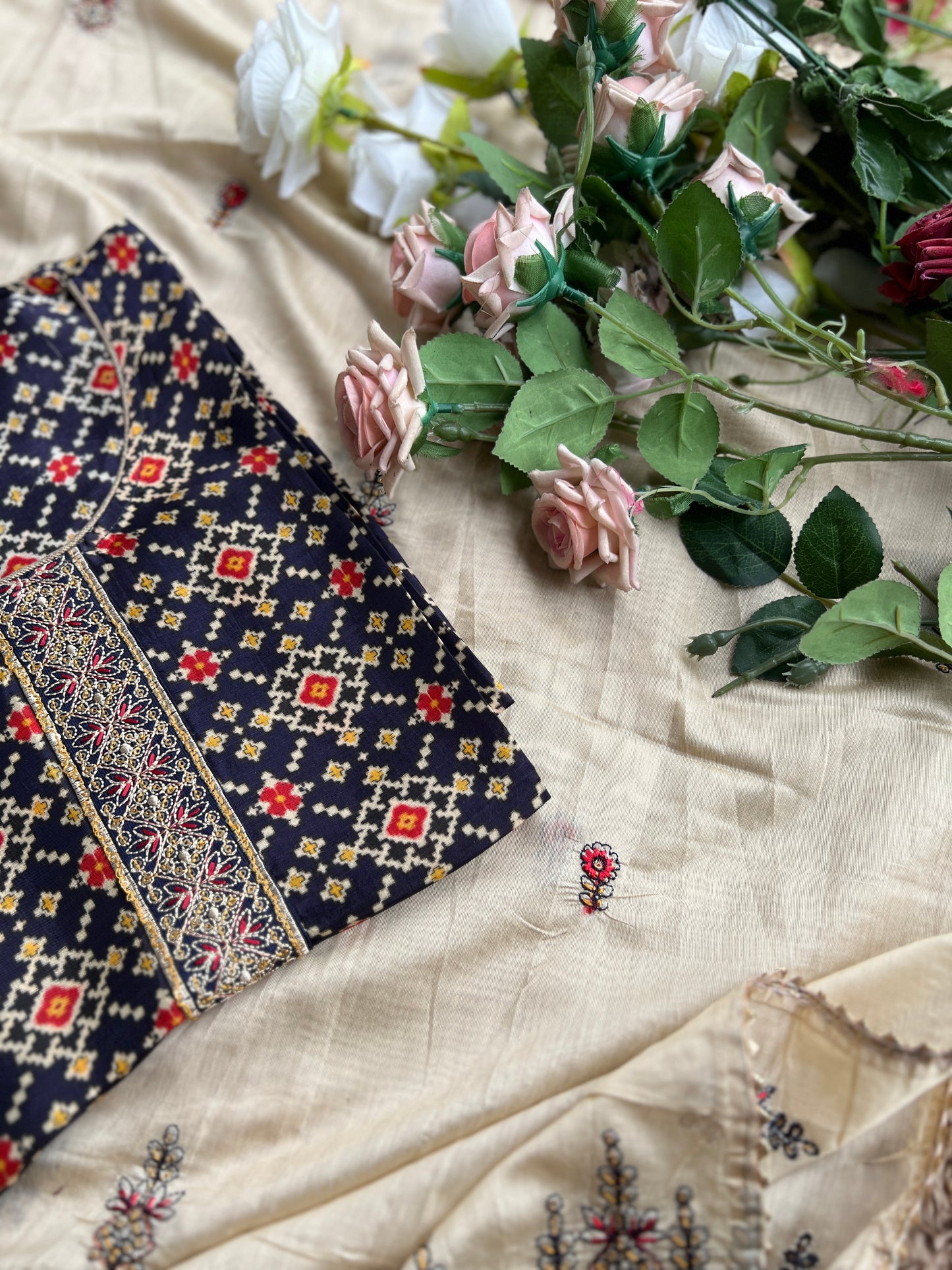 Navy Russian Silk Semi-Stitched Suit with Embroidered Silk Dupatta