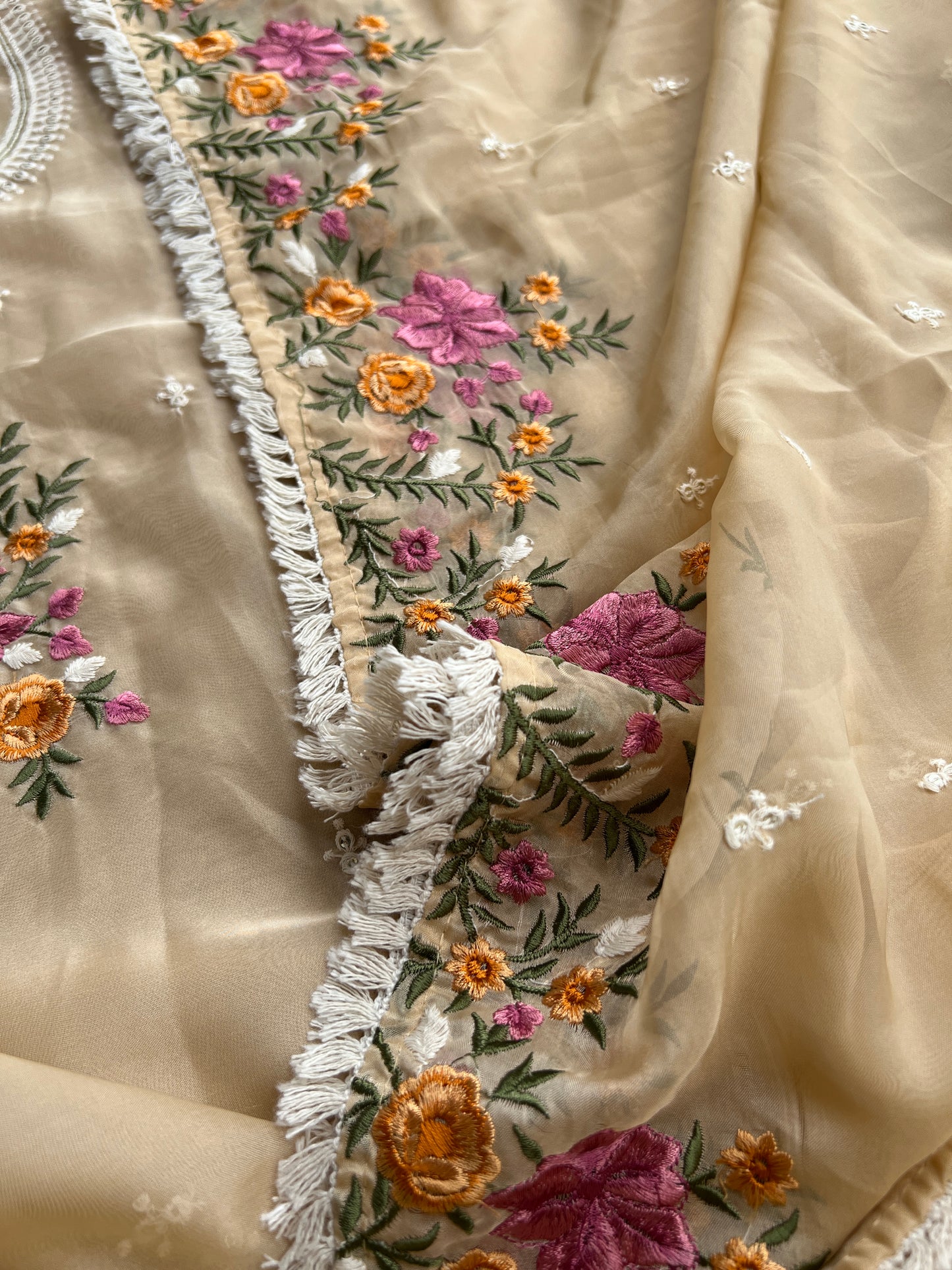 Graceful Beige Soft Viscose Organza Embroidered Kurta Set