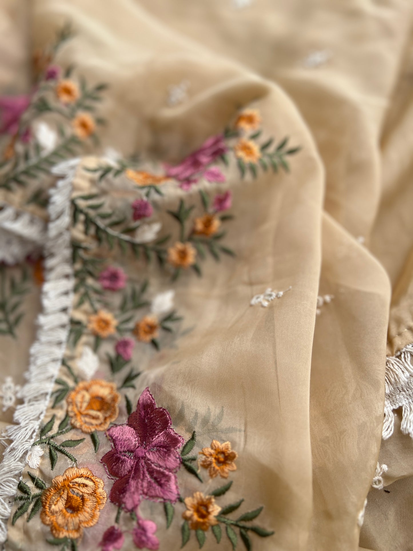 Graceful Beige Soft Viscose Organza Embroidered Kurta Set
