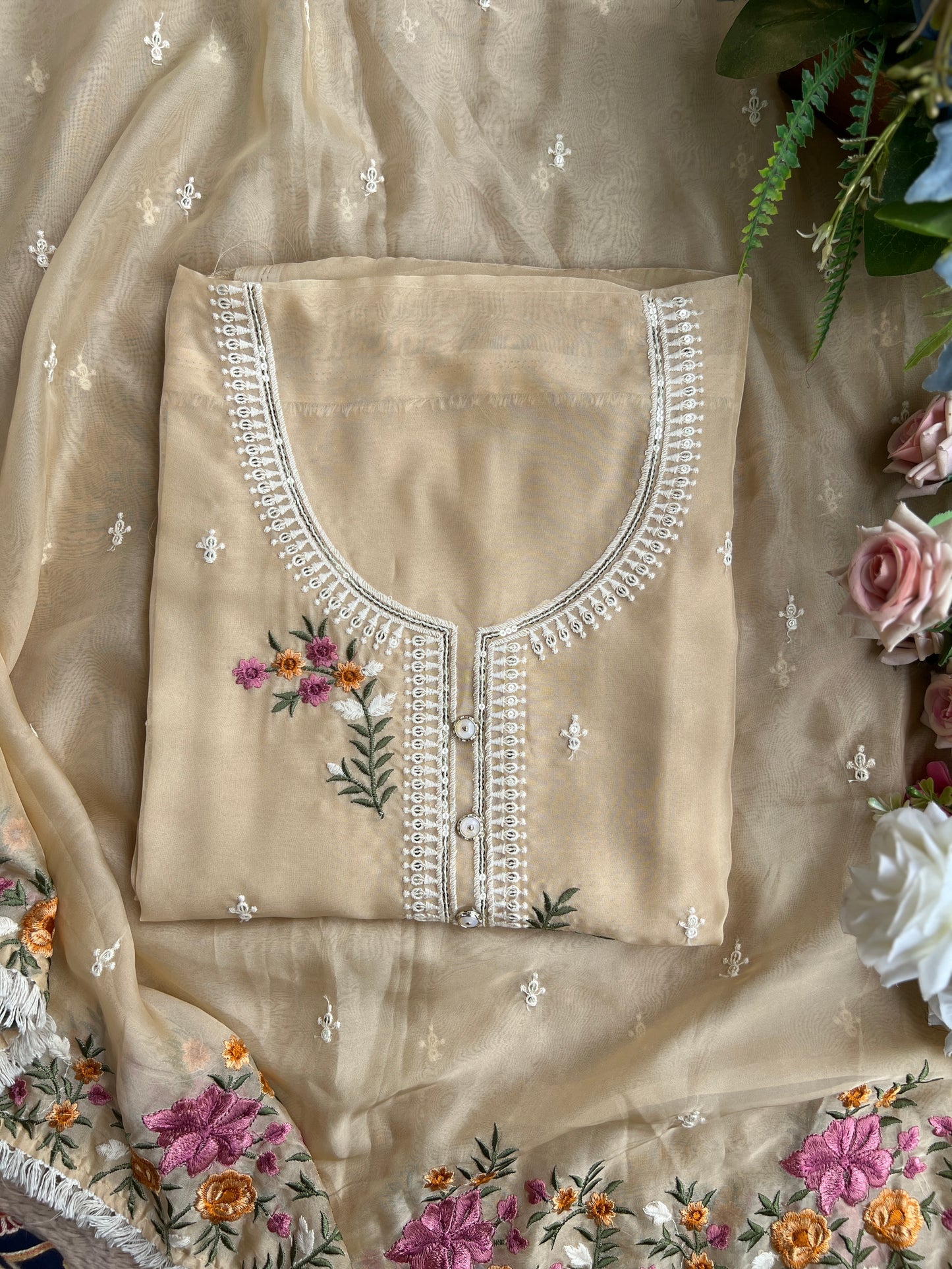Graceful Beige Soft Viscose Organza Embroidered Kurta Set