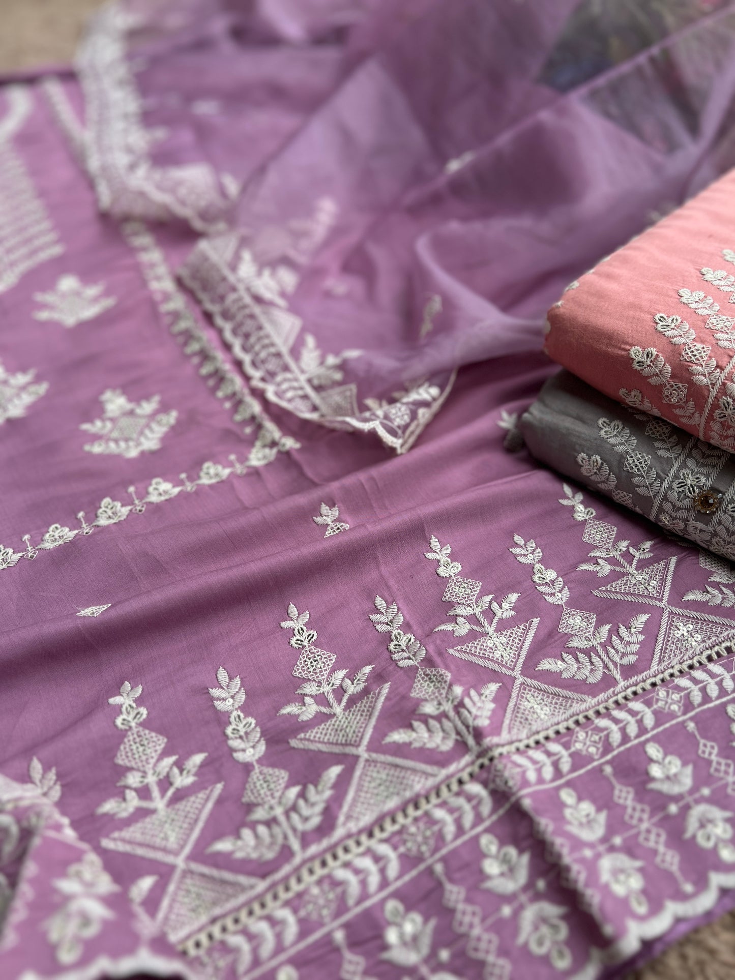 Embroidered Maslin Salwar suit with organza Embroidered Dupatta
