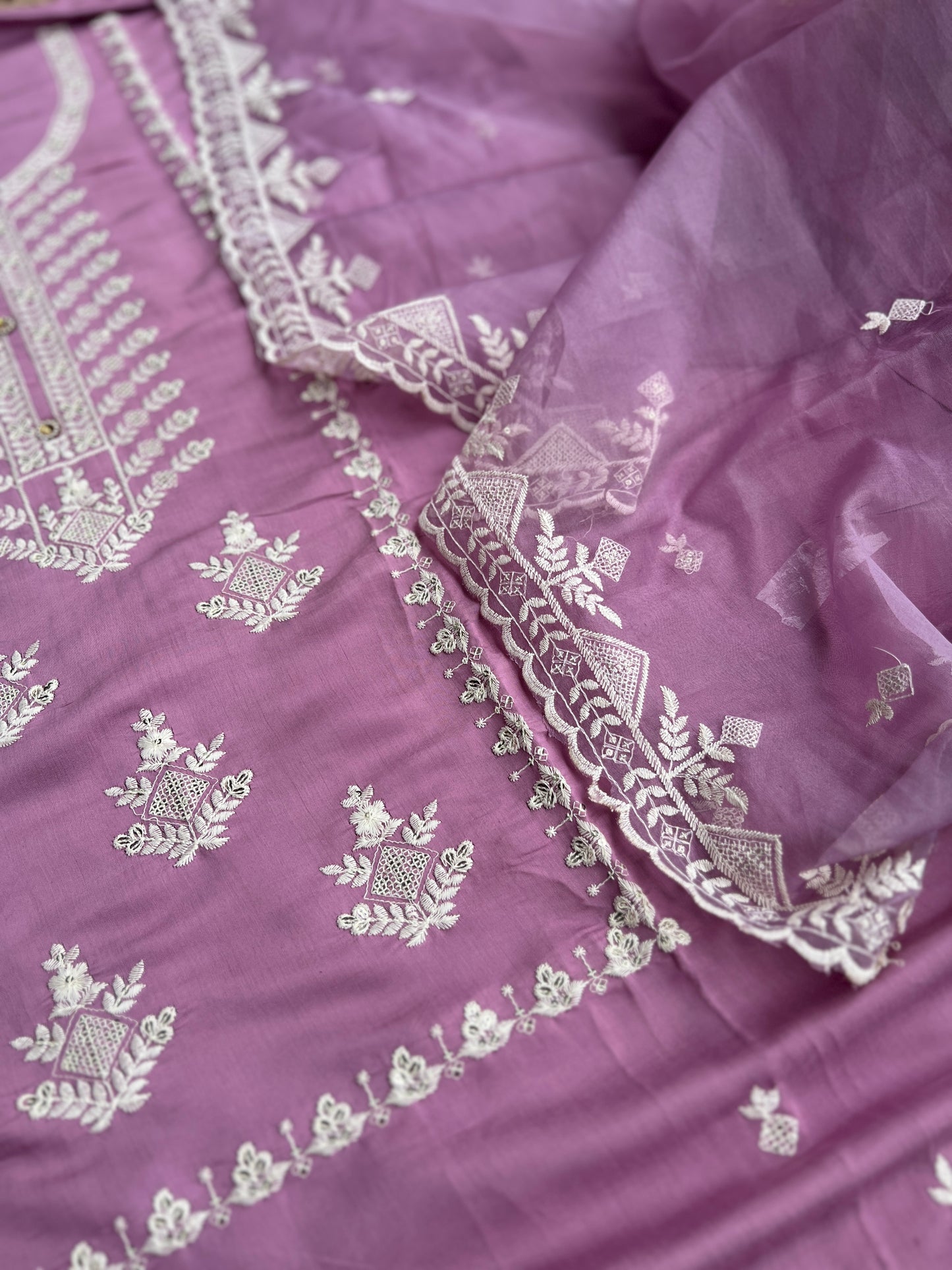 Embroidered Maslin Salwar suit with organza Embroidered Dupatta