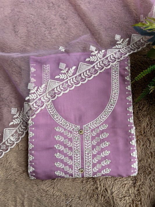 Embroidered Maslin Salwar suit with organza Embroidered Dupatta