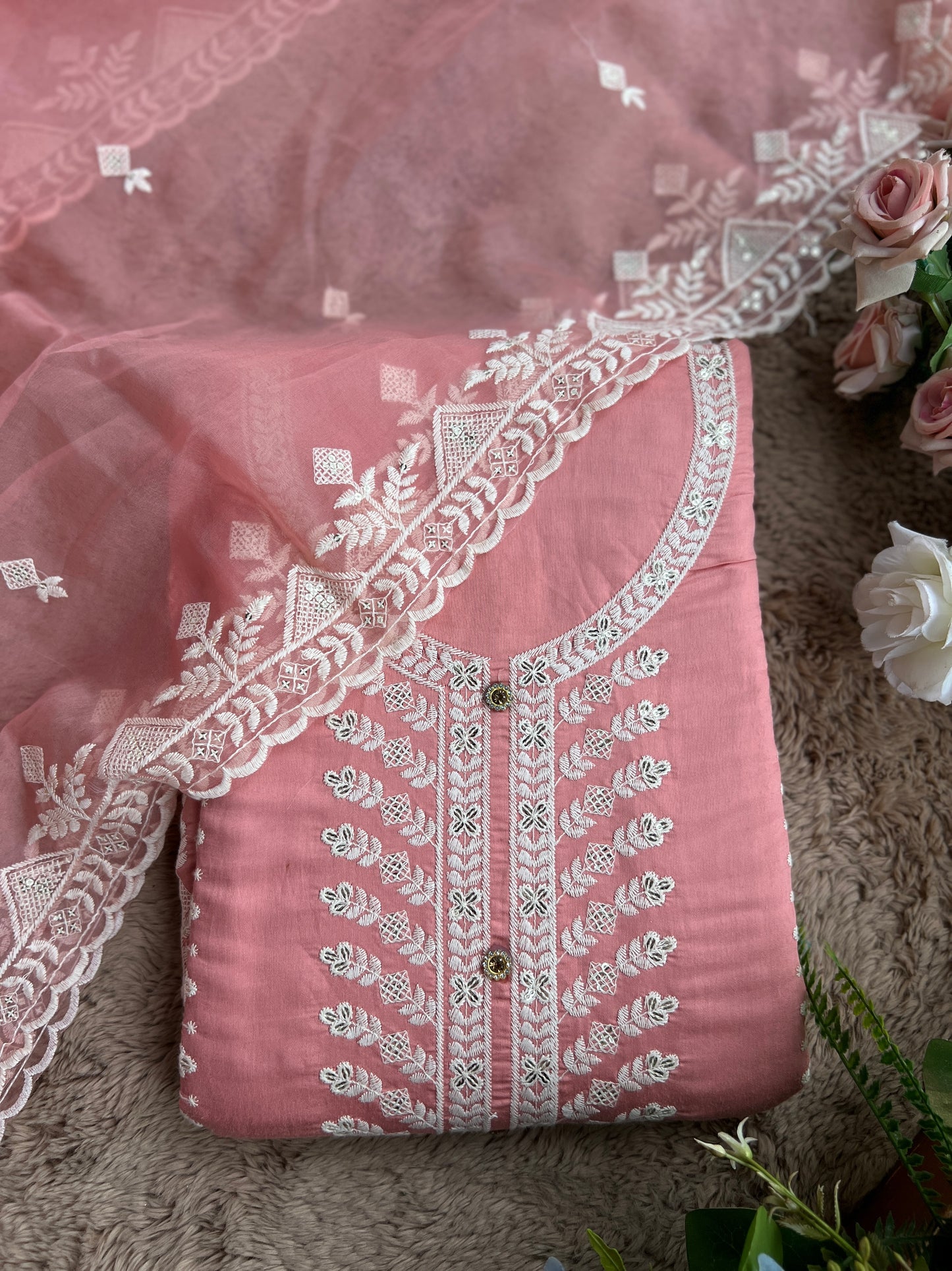 Embroidered Maslin Salwar suit with organza Embroidered Dupatta