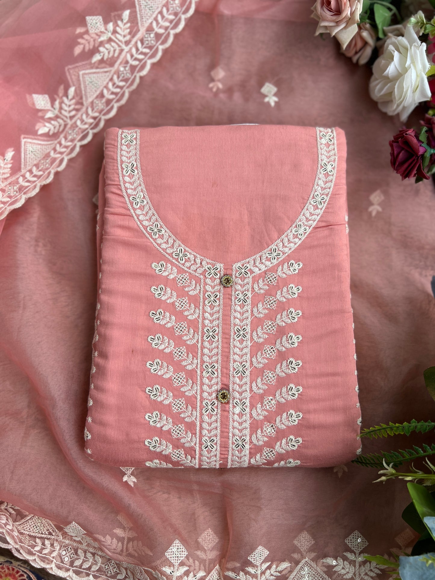 Embroidered Maslin Salwar suit with organza Embroidered Dupatta