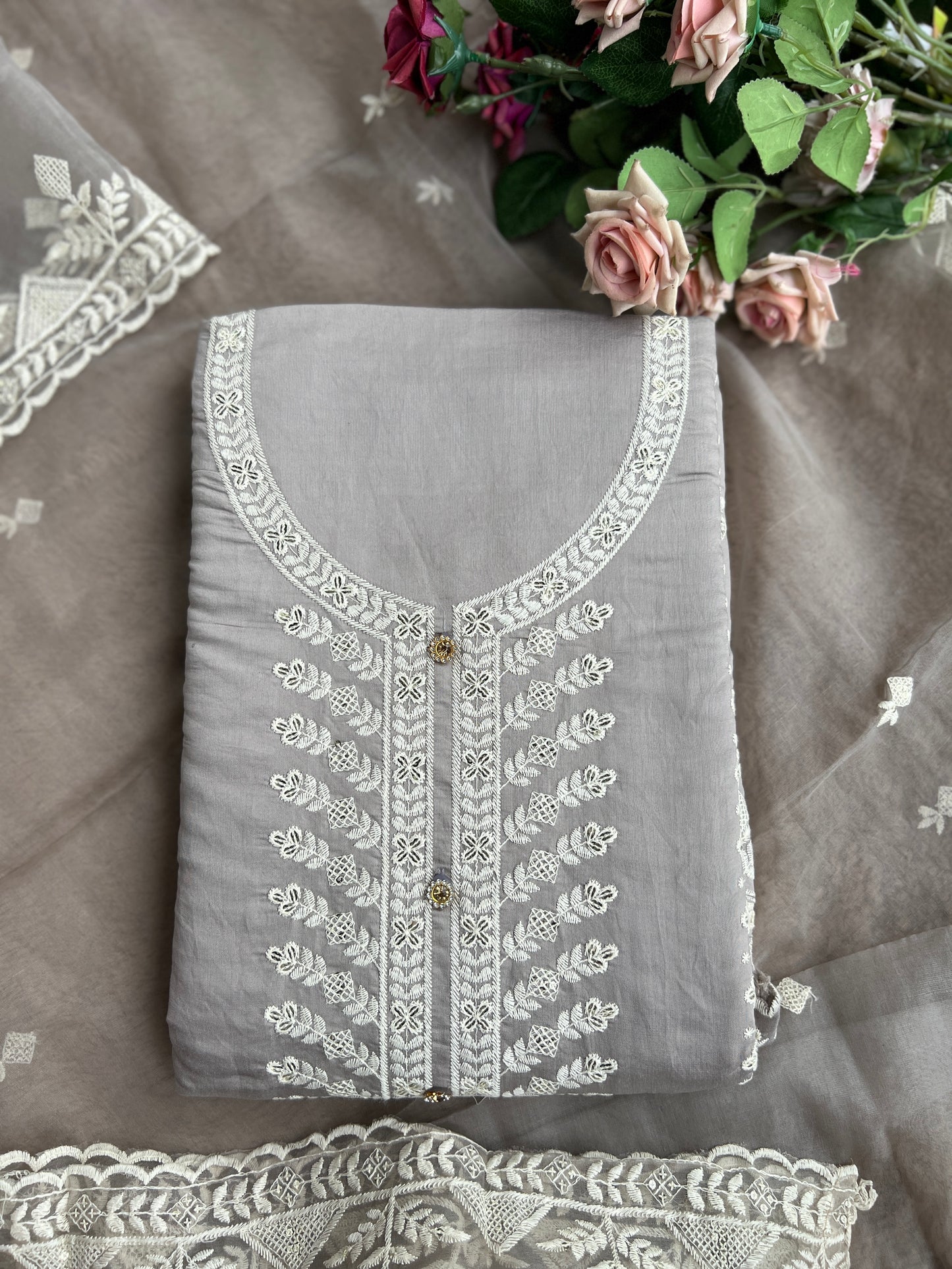 Embroidered Maslin Salwar suit with organza Embroidered Dupatta