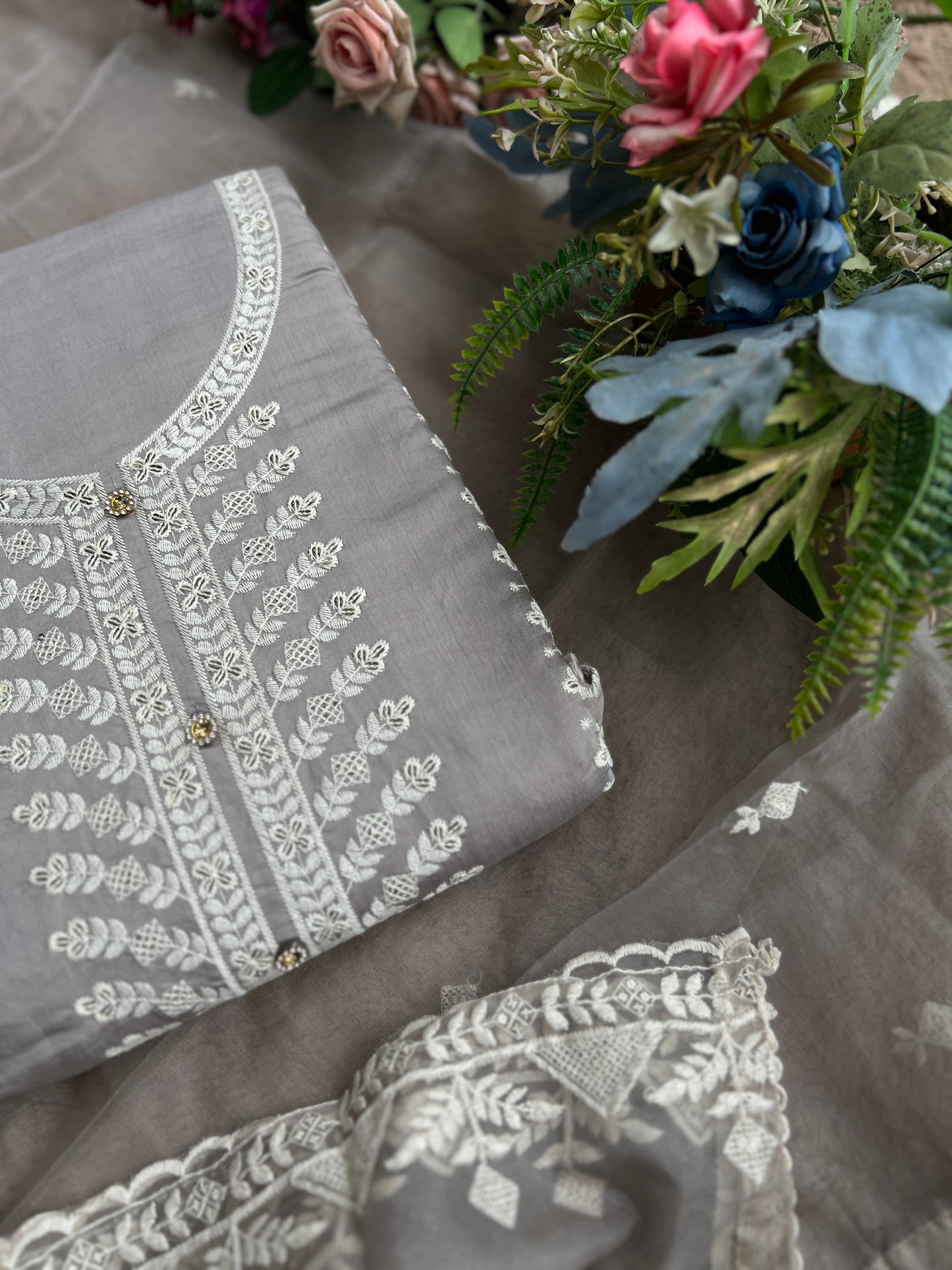 Embroidered Maslin Salwar suit with organza Embroidered Dupatta