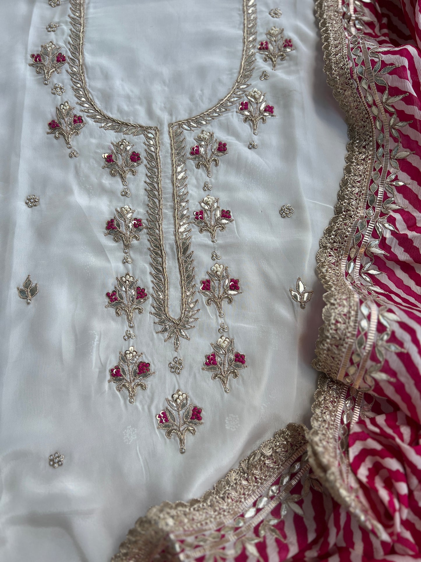 Vanilla Elegance with Dual Dupatta Charm – Butter Crepe Handwork Suit