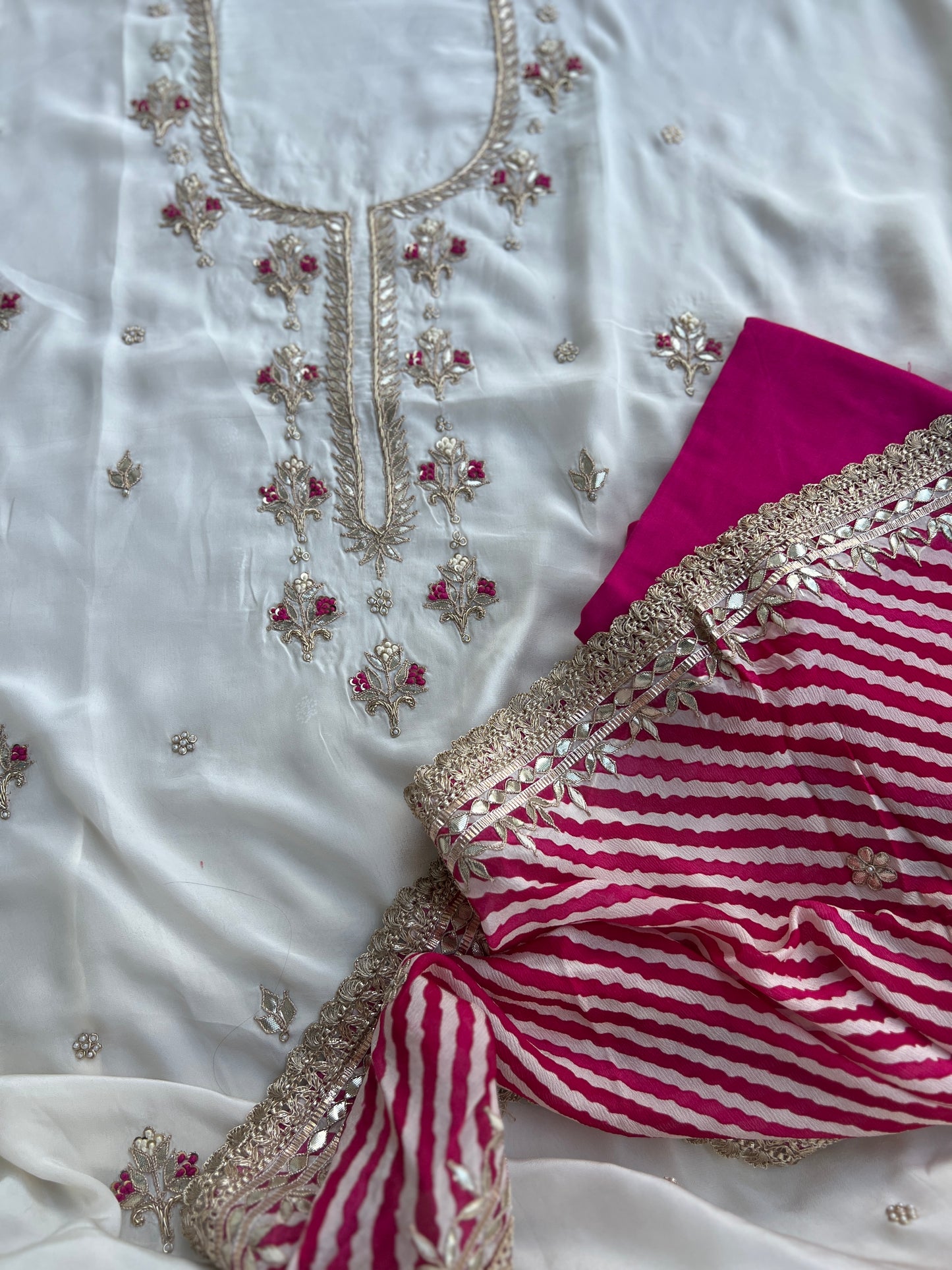 Vanilla Elegance with Dual Dupatta Charm – Butter Crepe Handwork Suit