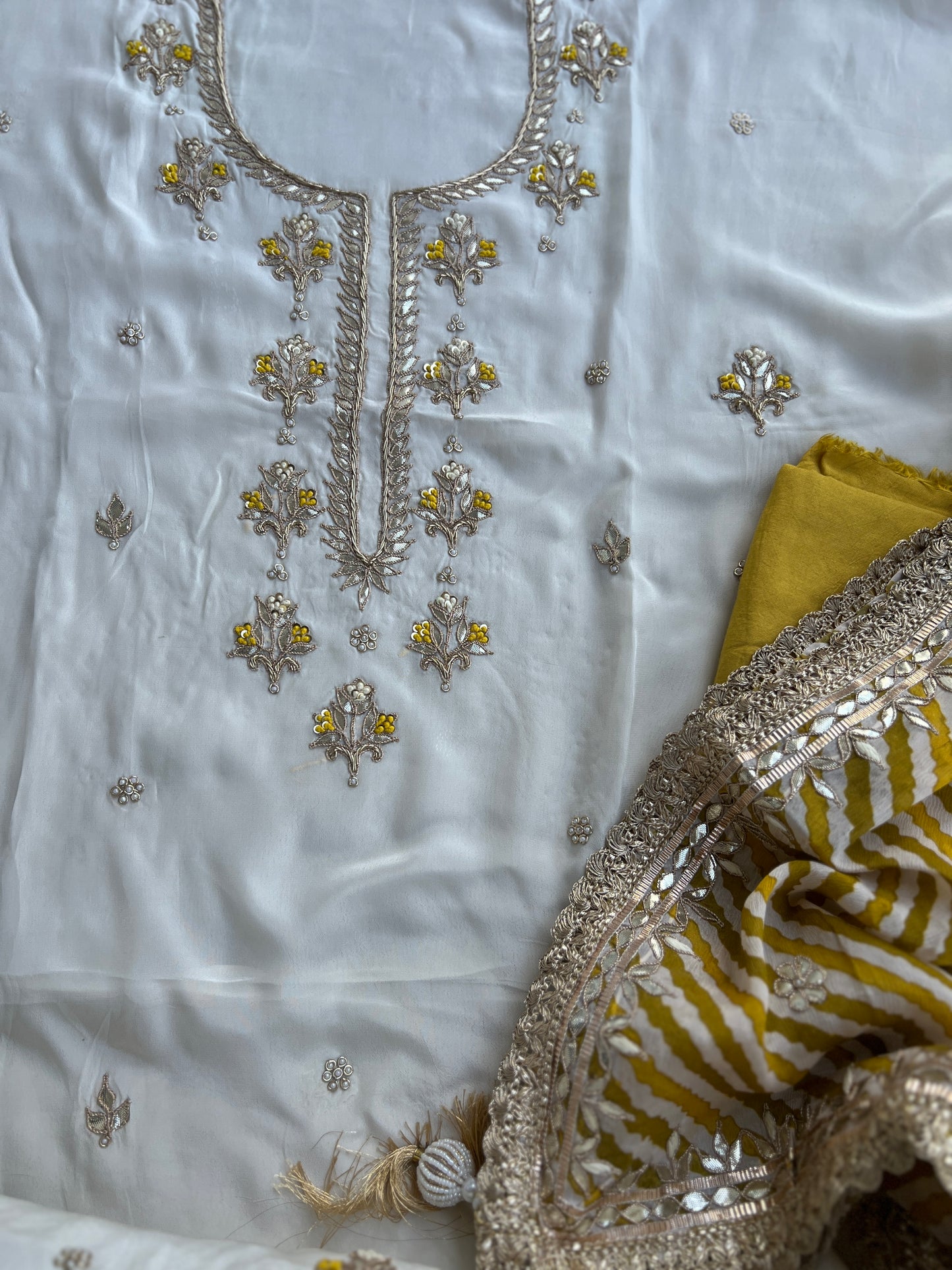 Vanilla Elegance with Dual Dupatta Charm – Butter Crepe Handwork Suit