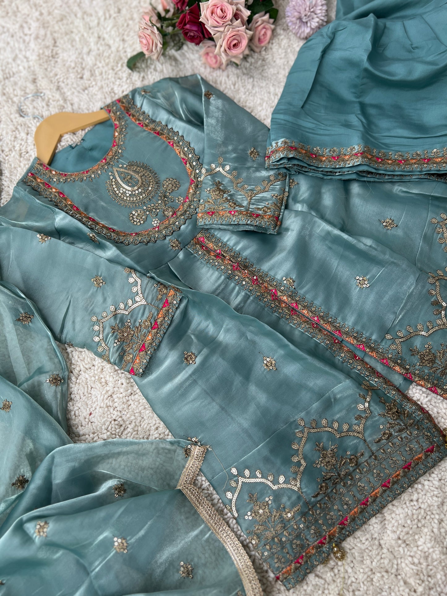 Teal Blue Soft Shimmer Silk Kids Sharara Set | Festive Elegance