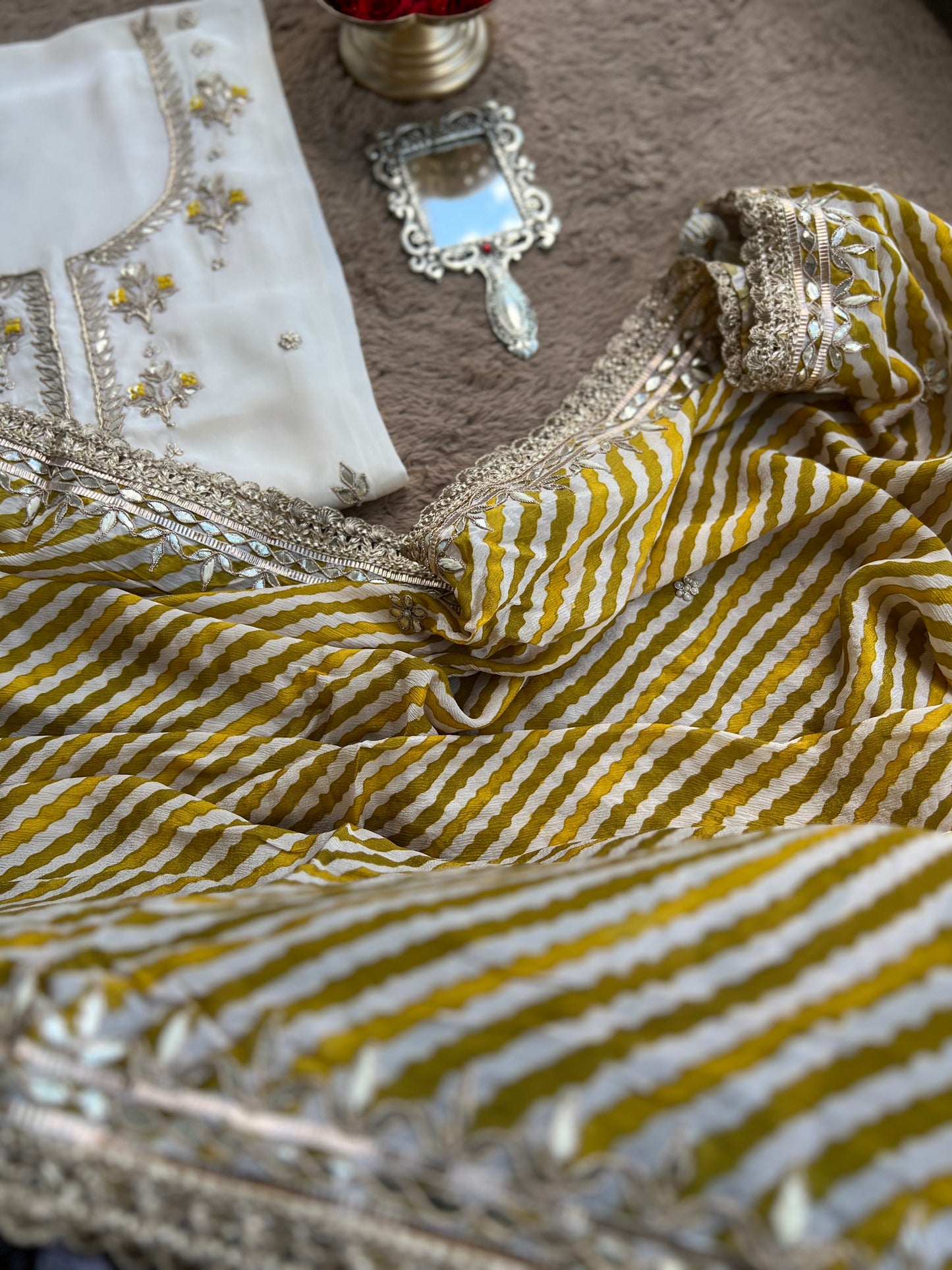 Vanilla Elegance with Dual Dupatta Charm – Butter Crepe Handwork Suit