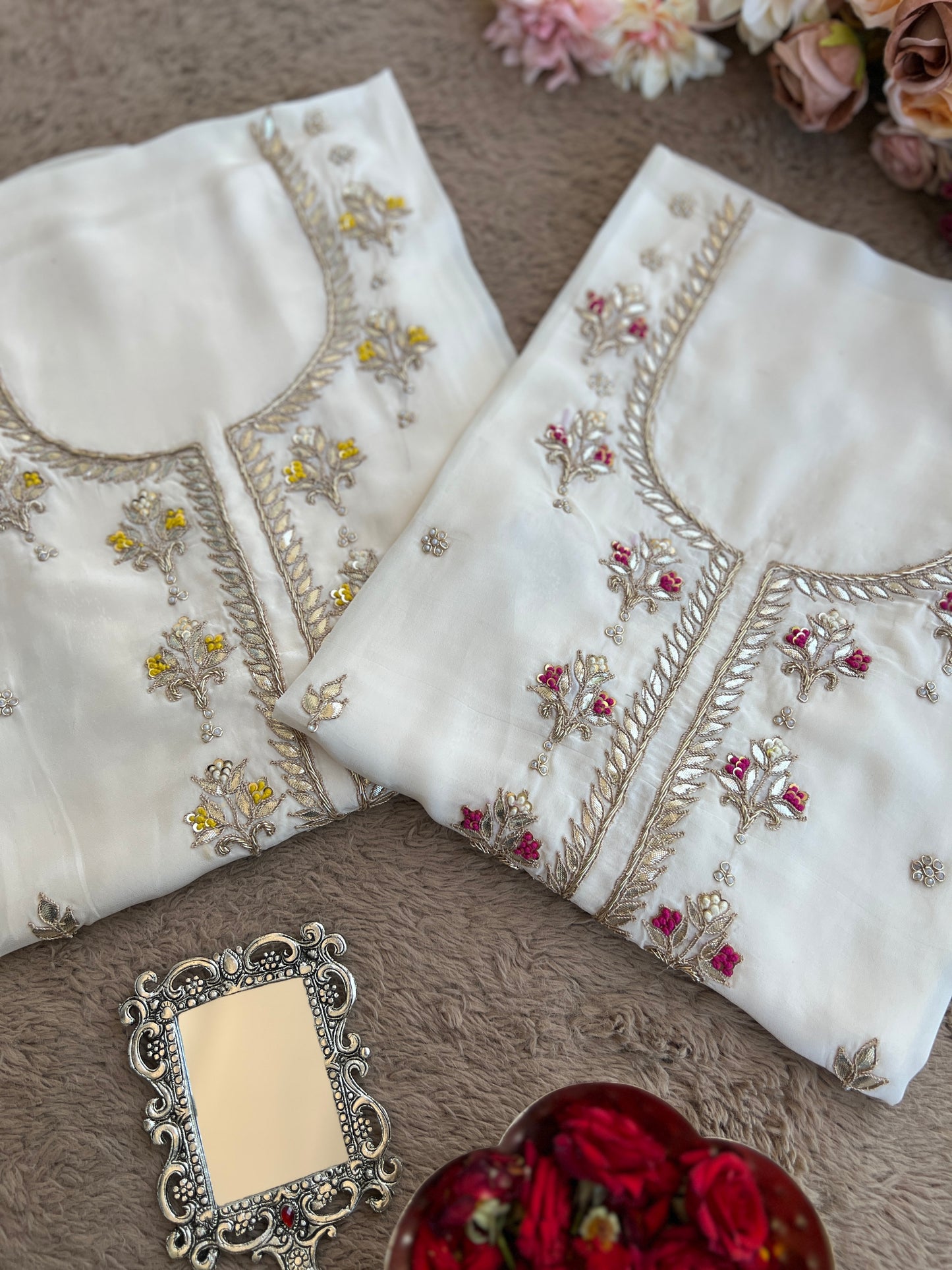 Vanilla Elegance with Dual Dupatta Charm – Butter Crepe Handwork Suit