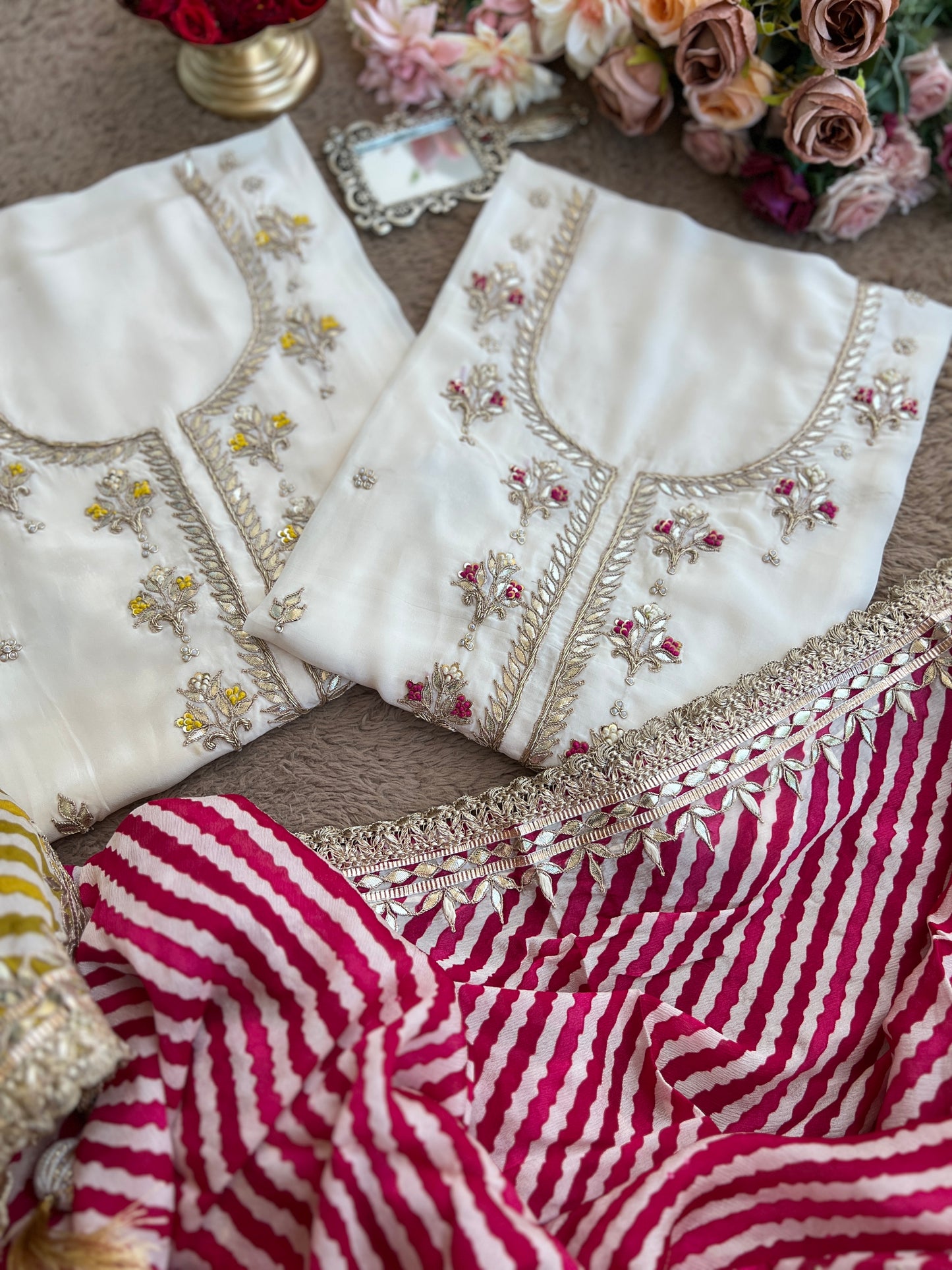 Vanilla Elegance with Dual Dupatta Charm – Butter Crepe Handwork Suit