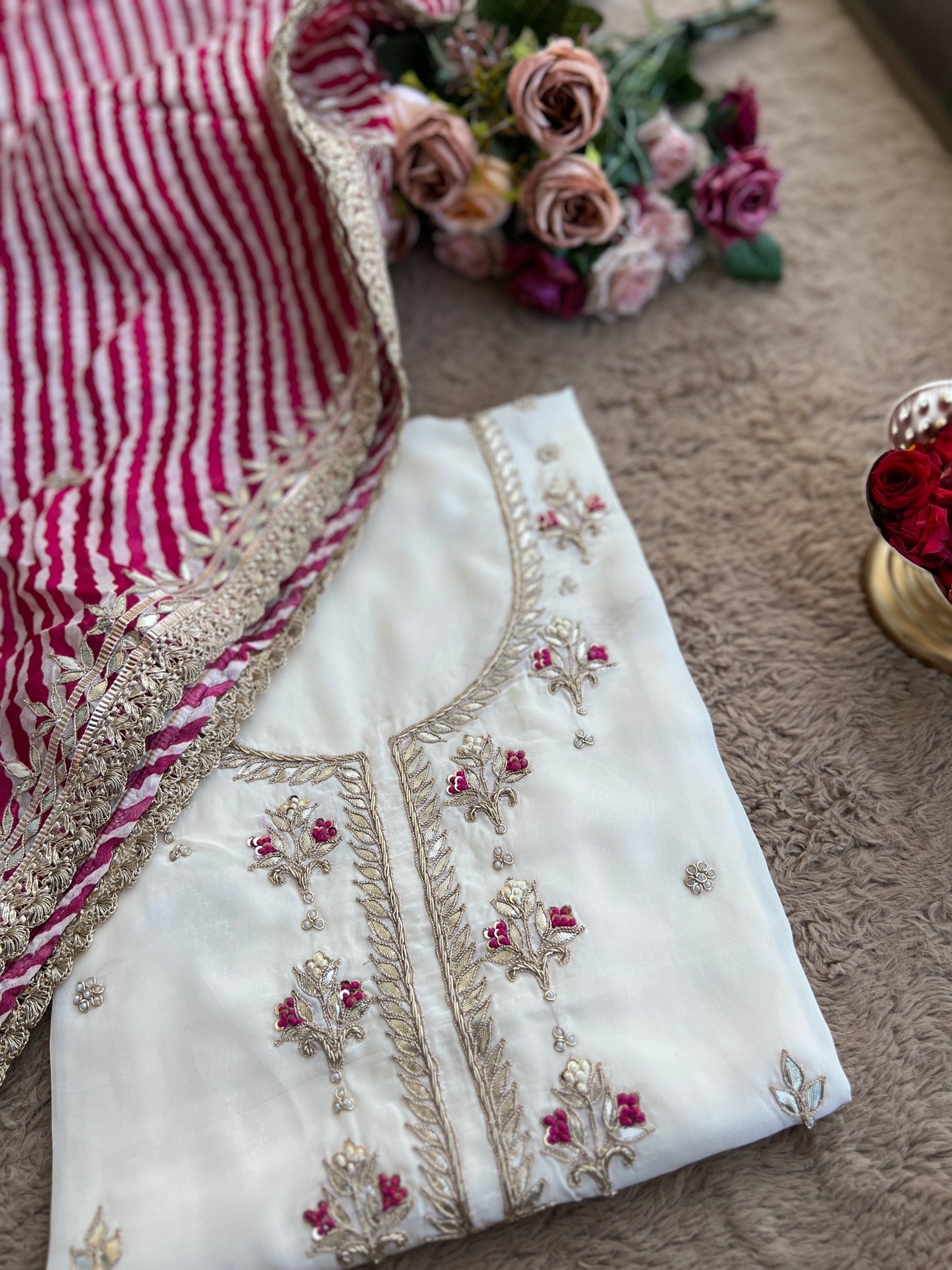 Vanilla Elegance with Dual Dupatta Charm – Butter Crepe Handwork Suit