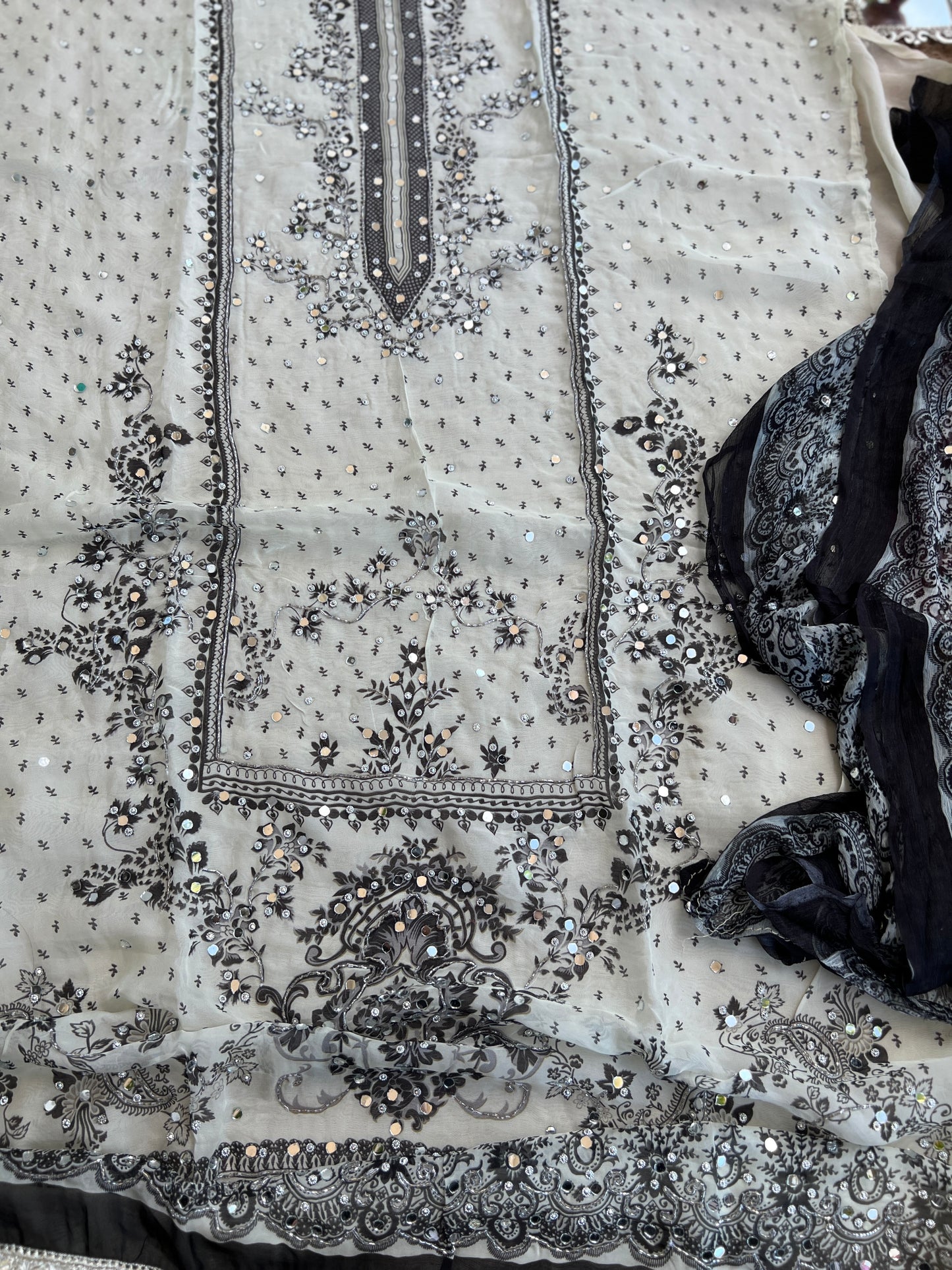 Black & White Karachi Print Crepe Suit with Multicolour Mirror Dupatta