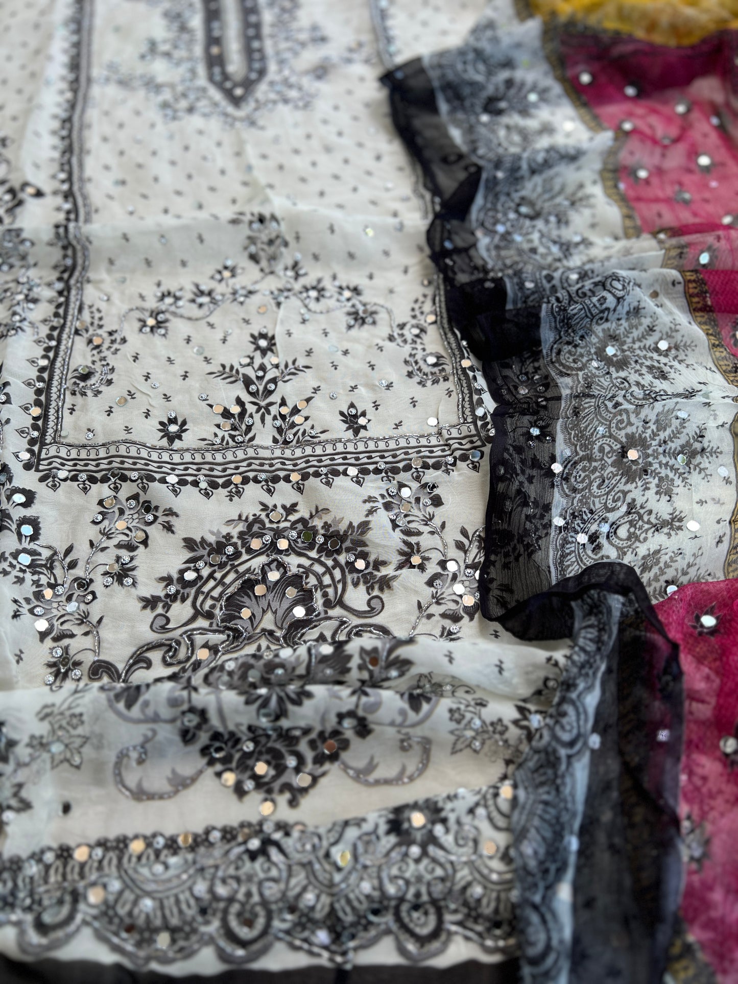 Black & White Karachi Print Crepe Suit with Multicolour Mirror Dupatta