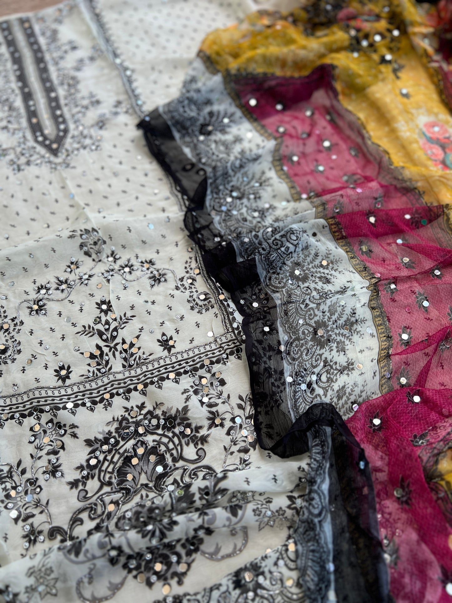 Black & White Karachi Print Crepe Suit with Multicolour Mirror Dupatta