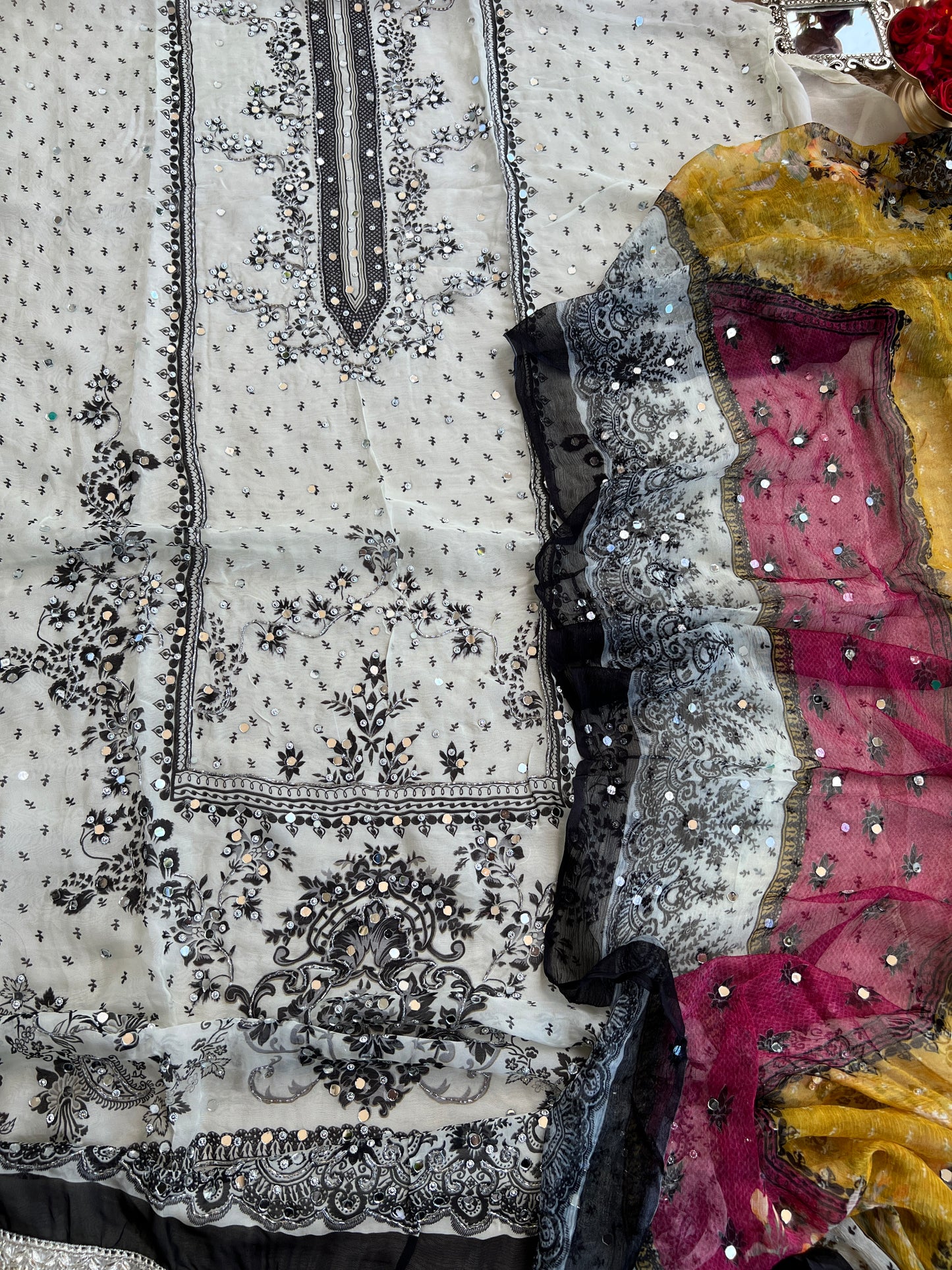 Black & White Karachi Print Crepe Suit with Multicolour Mirror Dupatta