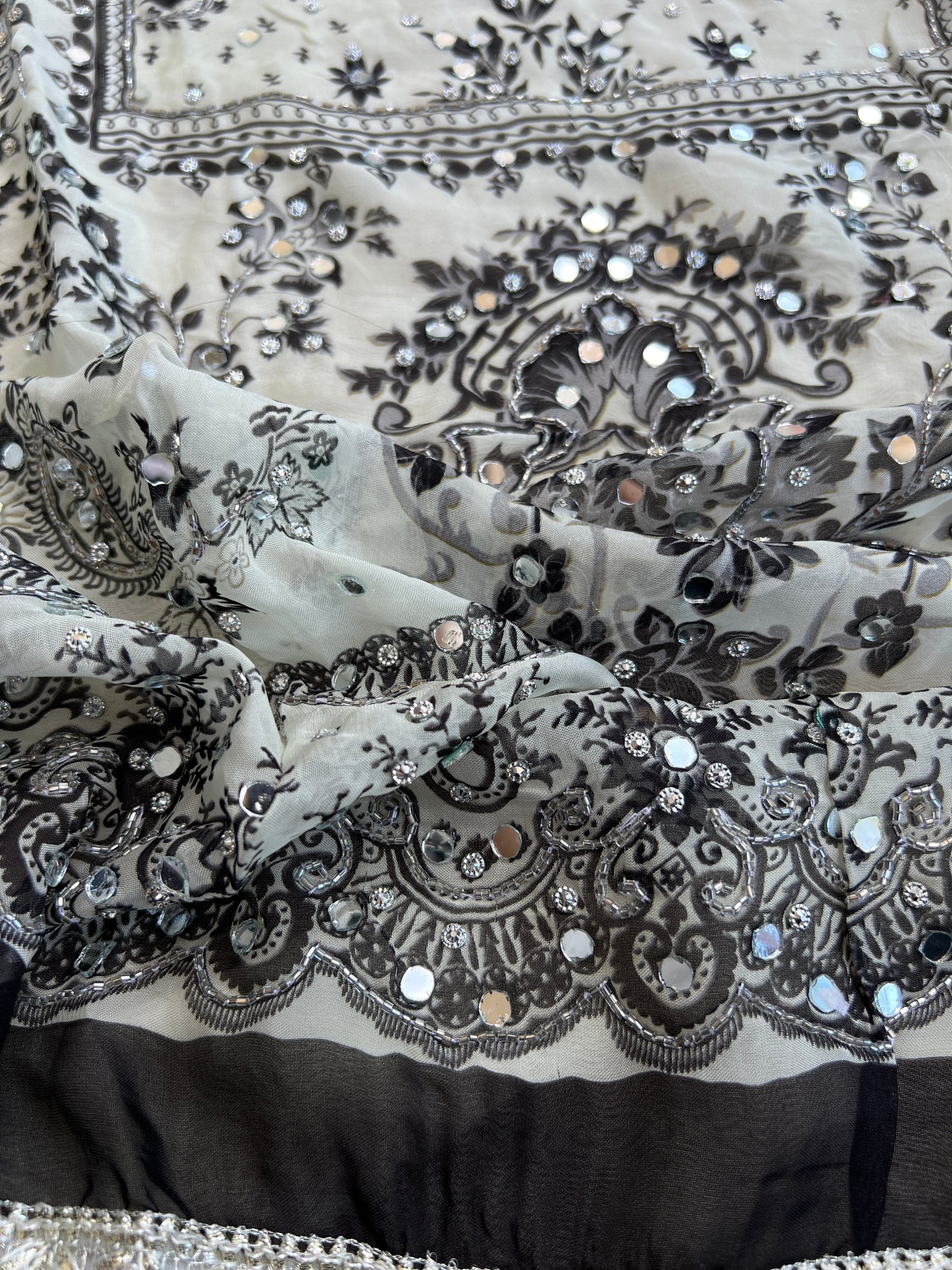 Black & White Karachi Print Crepe Suit with Multicolour Mirror Dupatta