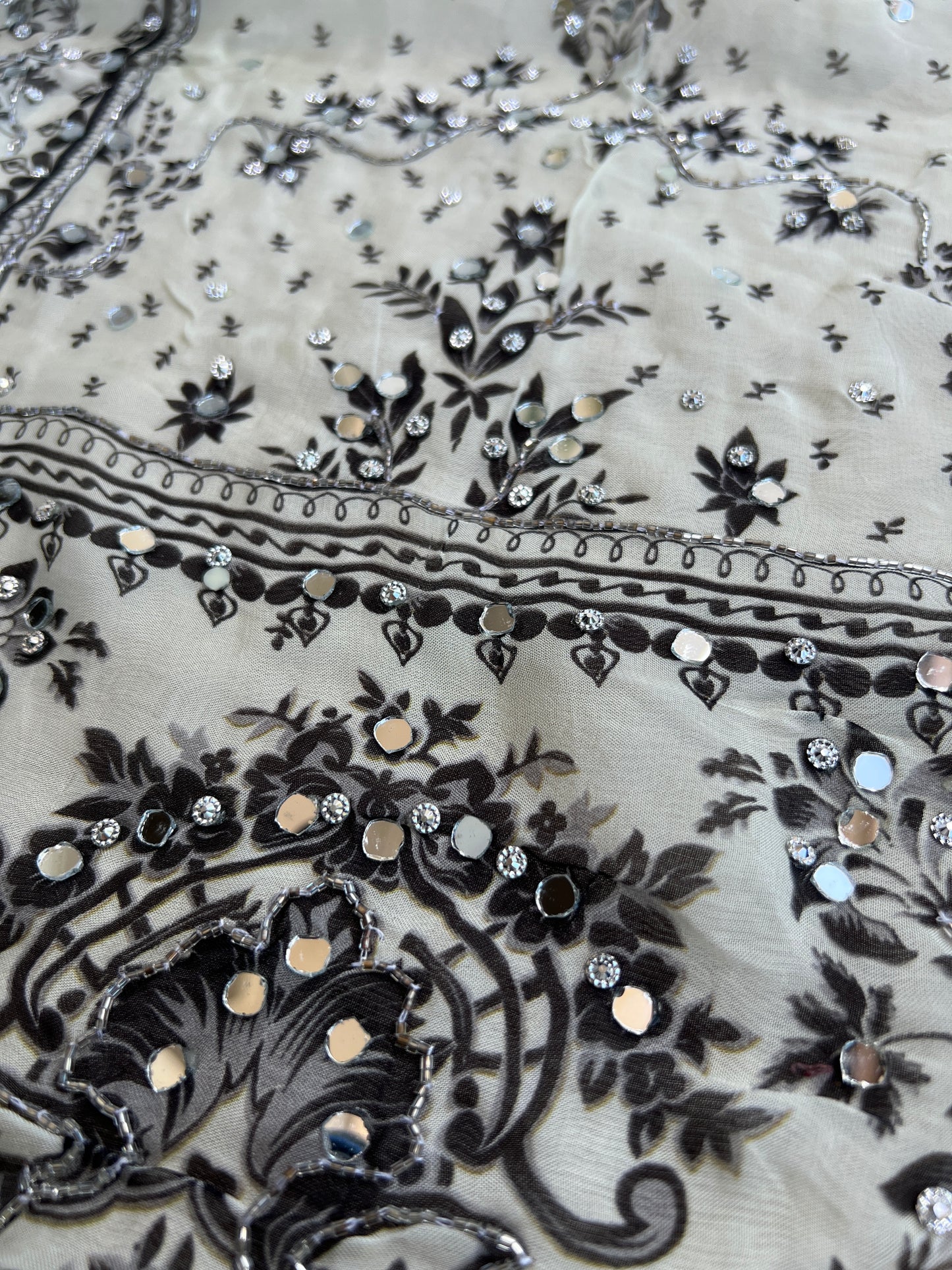 Black & White Karachi Print Crepe Suit with Multicolour Mirror Dupatta