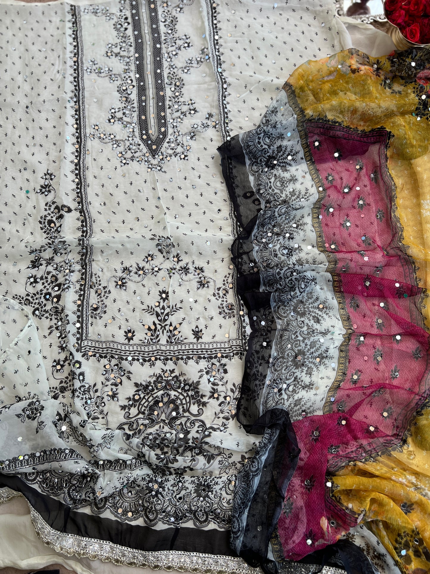 Black & White Karachi Print Crepe Suit with Multicolour Mirror Dupatta