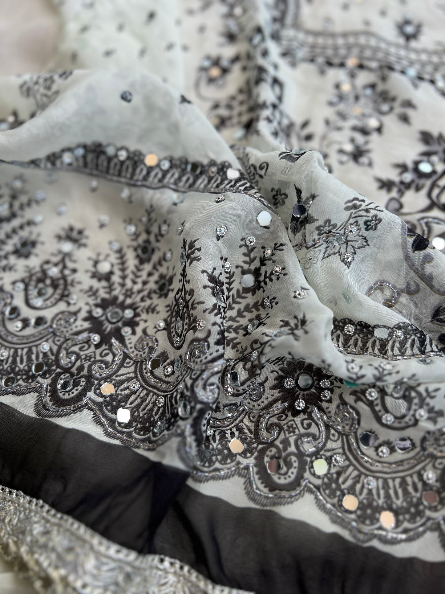 Black & White Karachi Print Crepe Suit with Multicolour Mirror Dupatta
