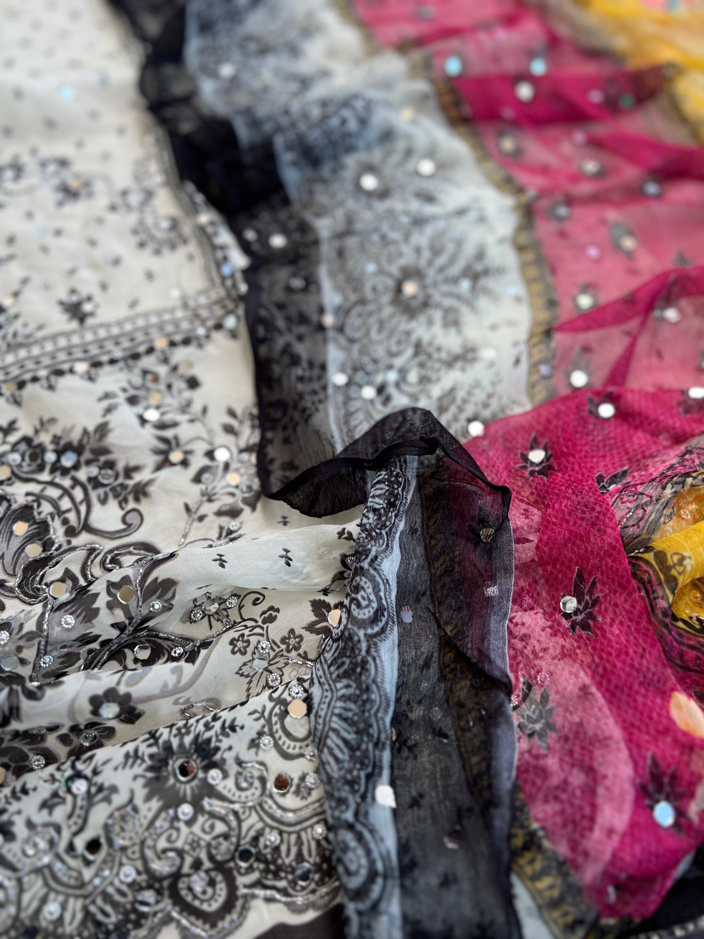 Black & White Karachi Print Crepe Suit with Multicolour Mirror Dupatta