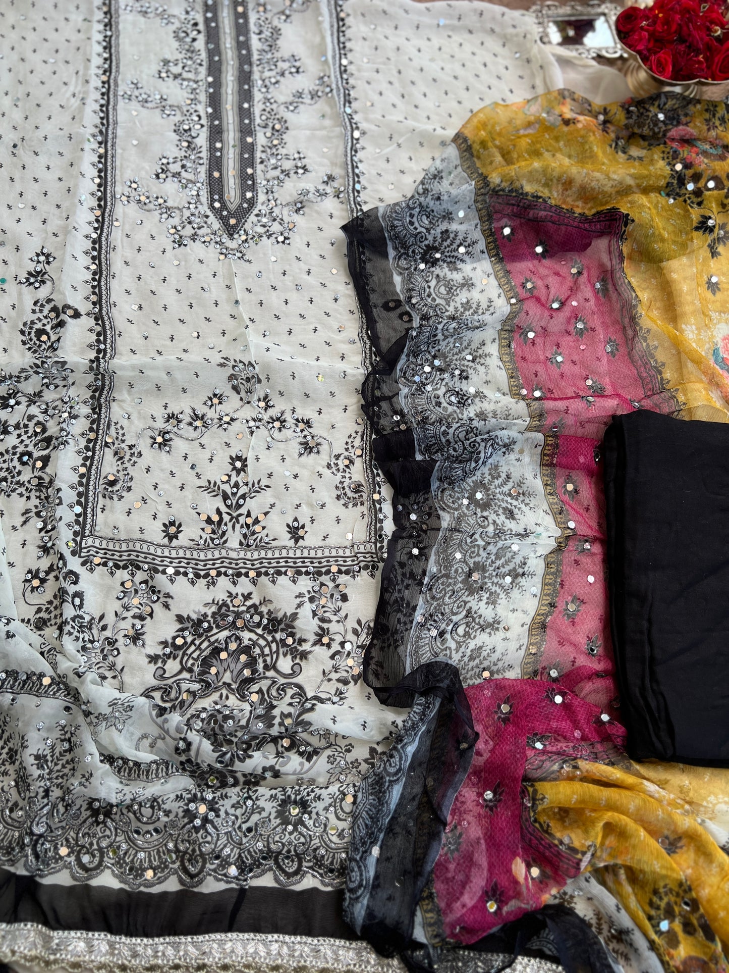 Black & White Karachi Print Crepe Suit with Multicolour Mirror Dupatta