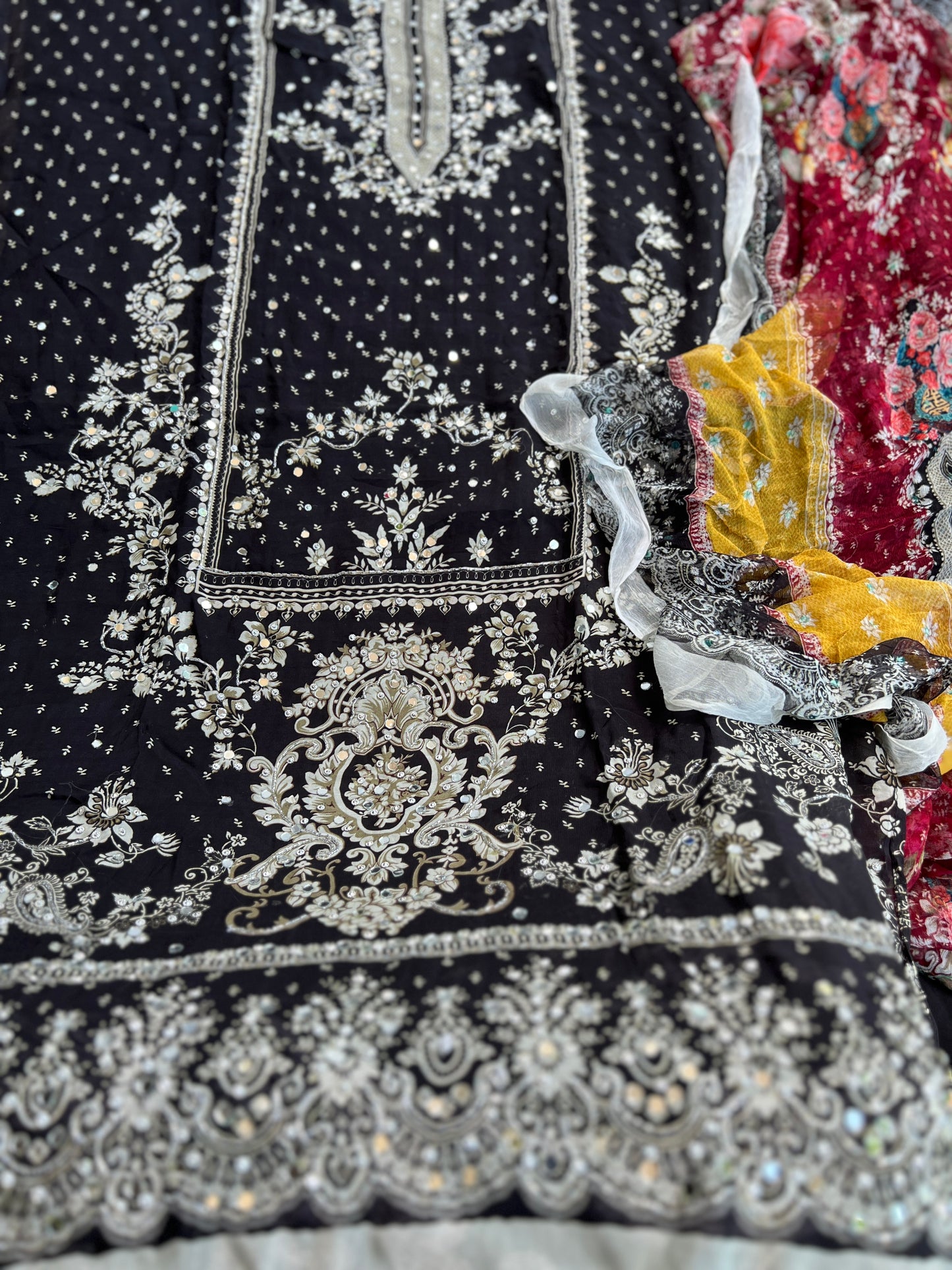 Black & White Karachi Print Crepe Suit with Multicolour Mirror Dupatta