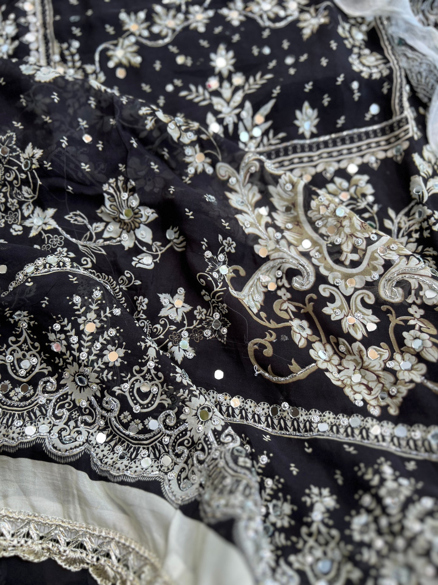 Black & White Karachi Print Crepe Suit with Multicolour Mirror Dupatta