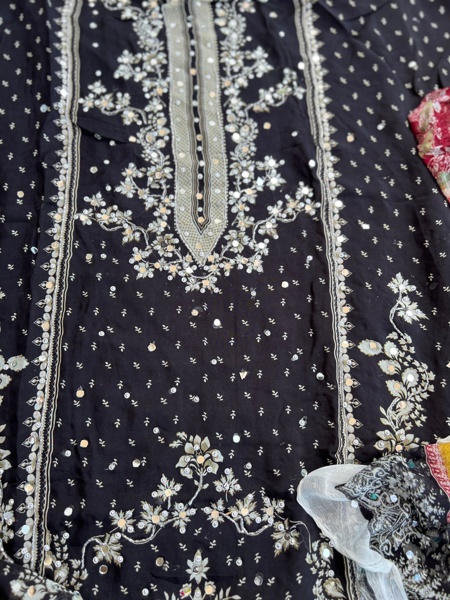 Black & White Karachi Print Crepe Suit with Multicolour Mirror Dupatta