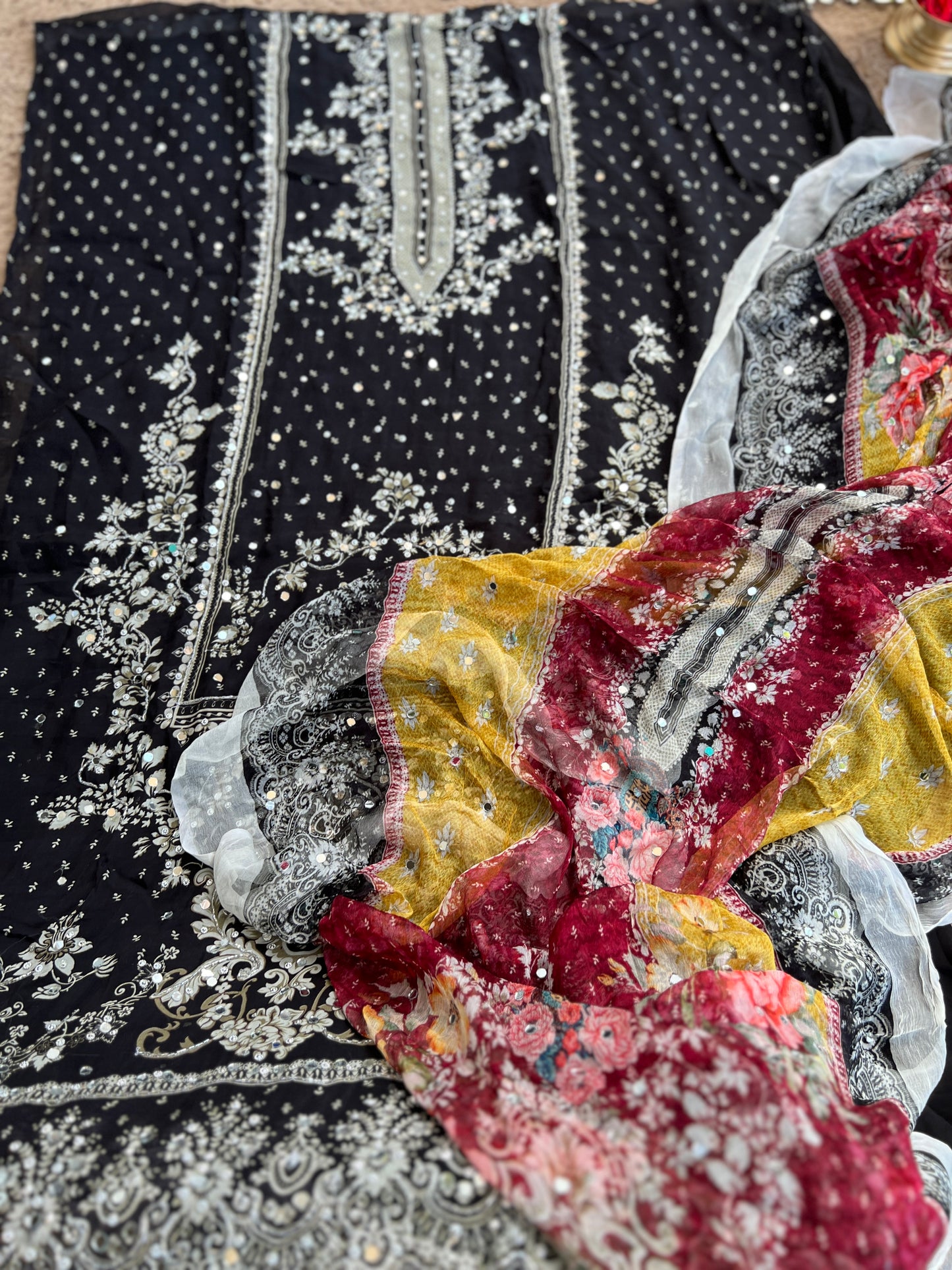 Black & White Karachi Print Crepe Suit with Multicolour Mirror Dupatta