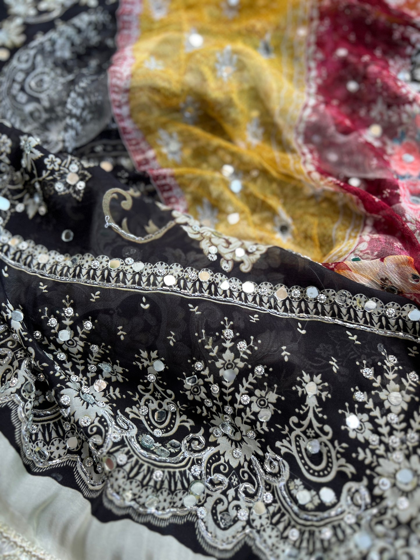 Black & White Karachi Print Crepe Suit with Multicolour Mirror Dupatta