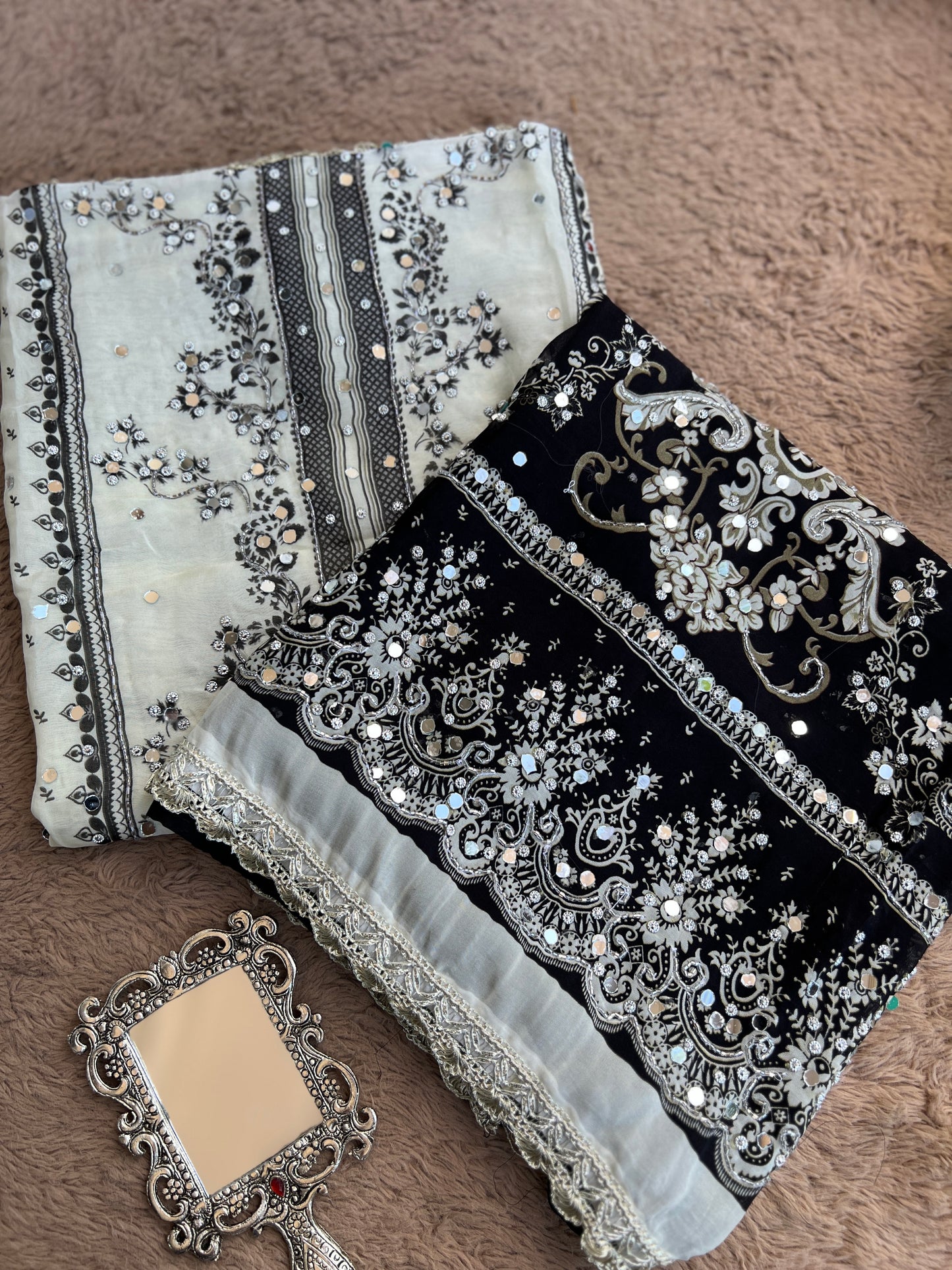 Black & White Karachi Print Crepe Suit with Multicolour Mirror Dupatta