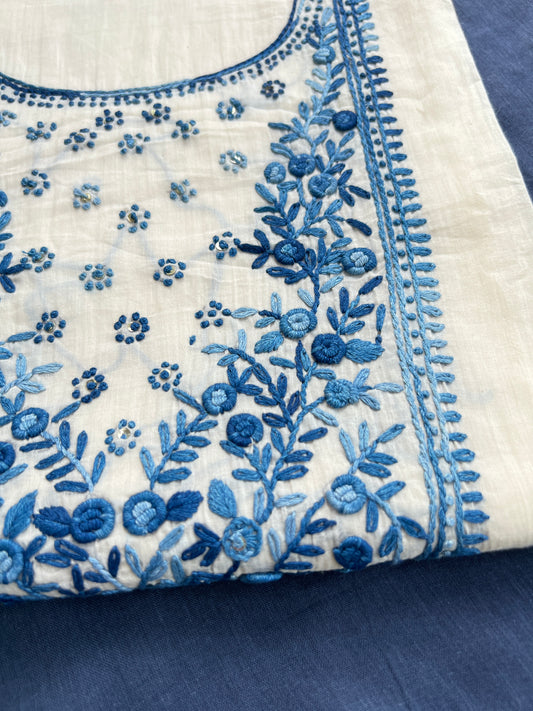 White Blue Knot Work Embroidered Mal Cotton Suit
