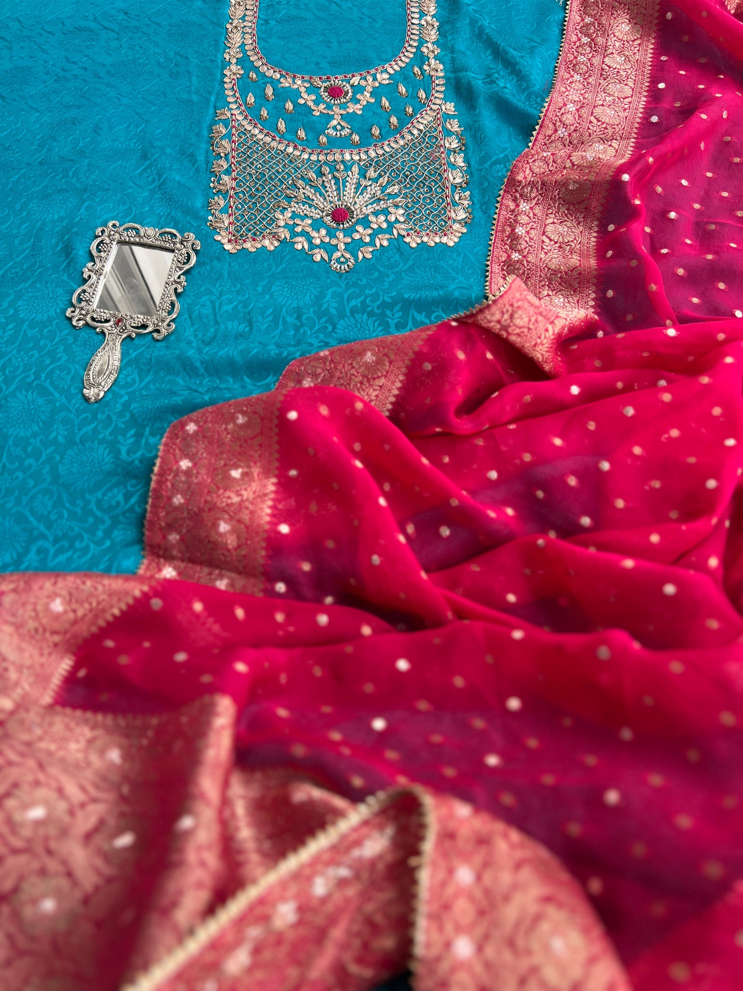 Handcrafted Neck Design with Luxurious Banarasi Boota Dupatta