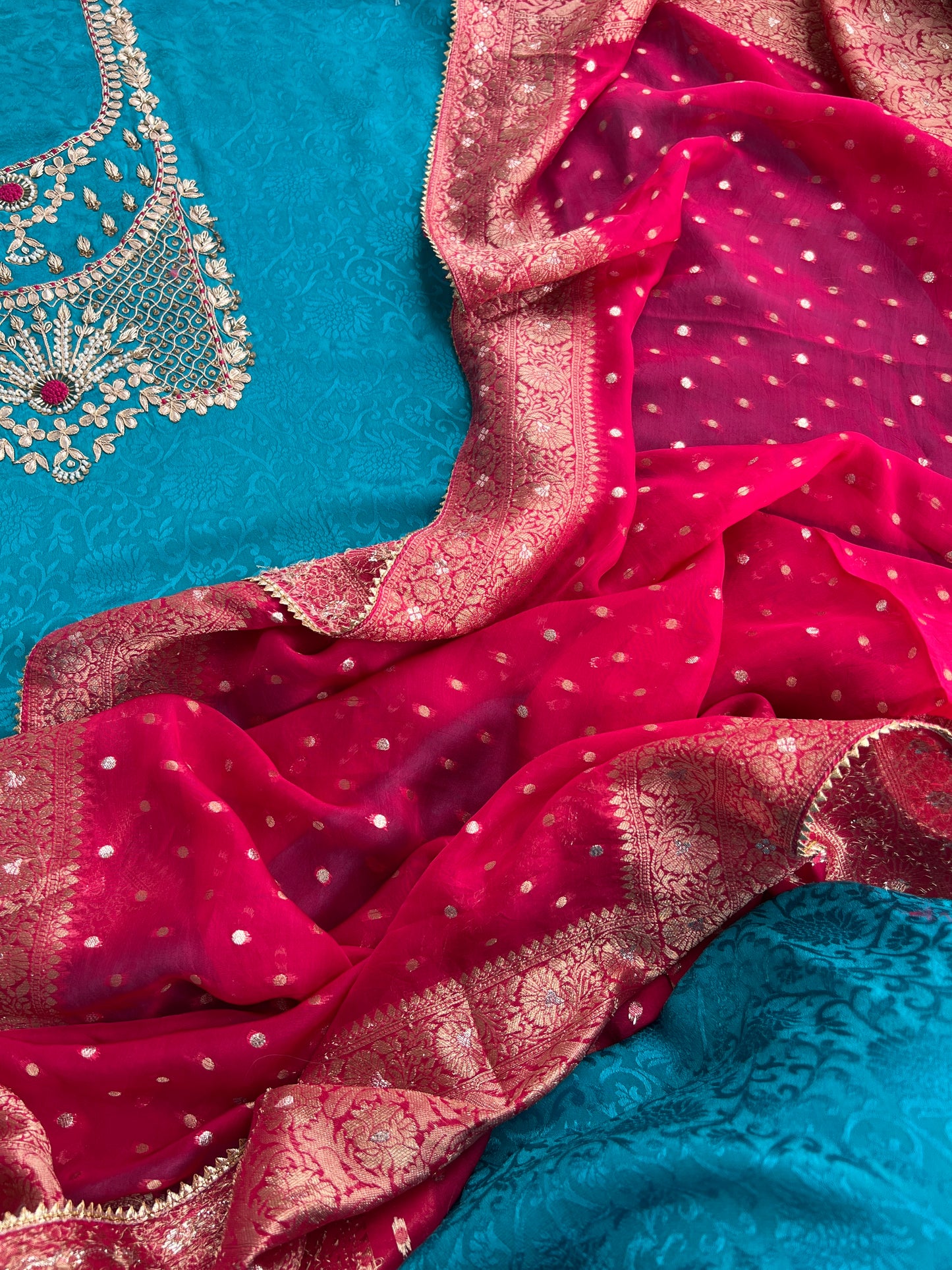 Handcrafted Neck Design with Luxurious Banarasi Boota Dupatta