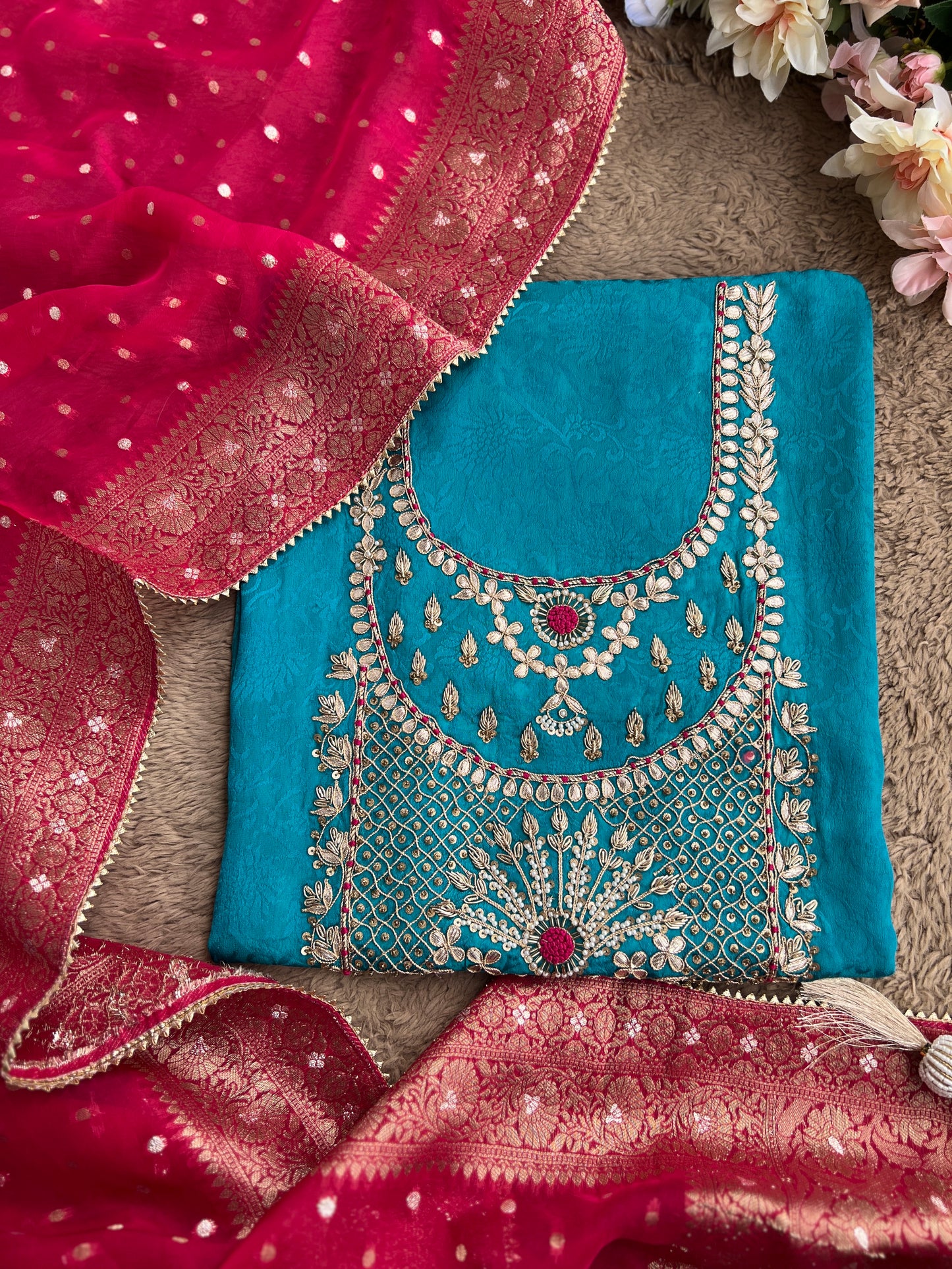 Handcrafted Neck Design with Luxurious Banarasi Boota Dupatta
