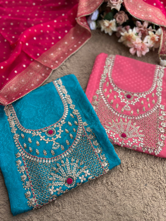 Handcrafted Neck Design with Luxurious Banarasi Boota Dupatta